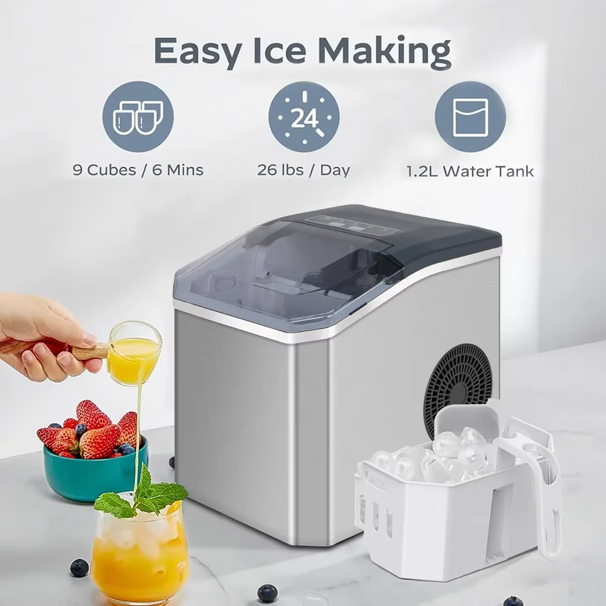 Elektrische Eiswürfelmaschine 220 V für Bar, Zuhause, Küche, Büro, zylindrische Eiswürfelmaschine mit Schaufel, automatische Mini-Eismaschine