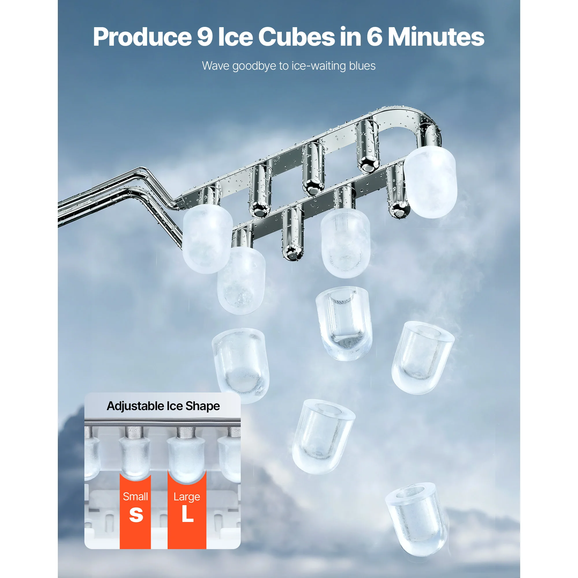 Tisch-Eiswürfelbereiter 9 Würfel Fertig in 6 Minuten 26 Pfund in 24 Stunden Selbstreinigender Tragbarer Eiswürfelbereiter mit Eisschaufel und Korb