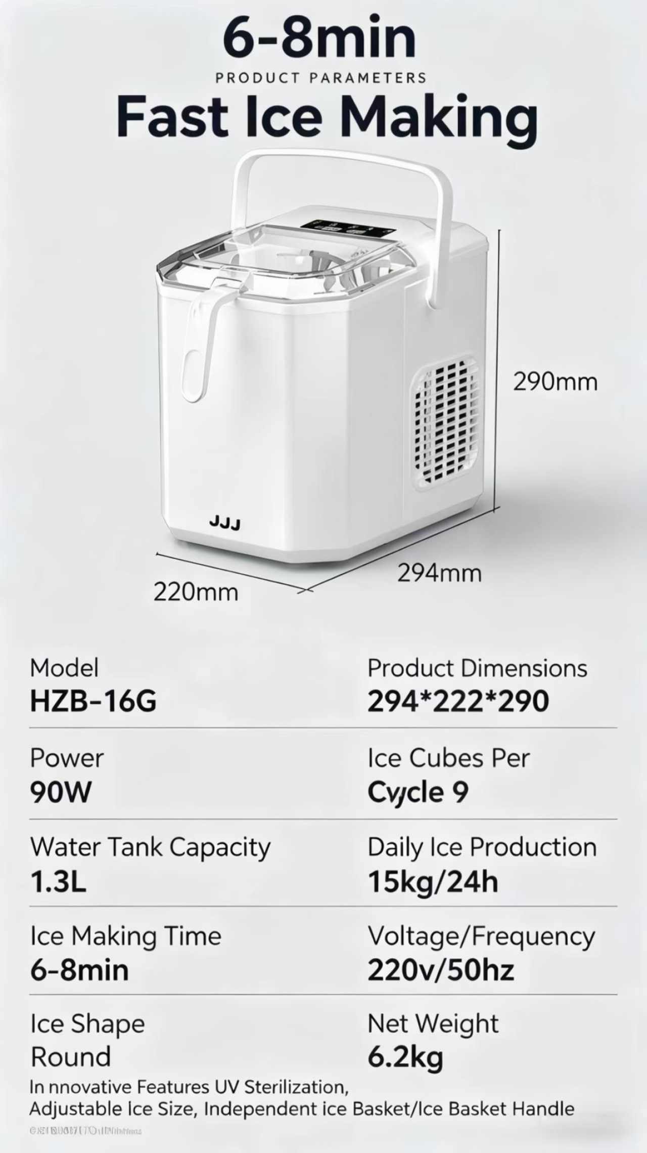 JJJ Portable Ice Maker, 15kg/24h, 6-8 Mins Fast Ice Making with UV Sterilization & Self-Cleaning, 220V EU Plug
