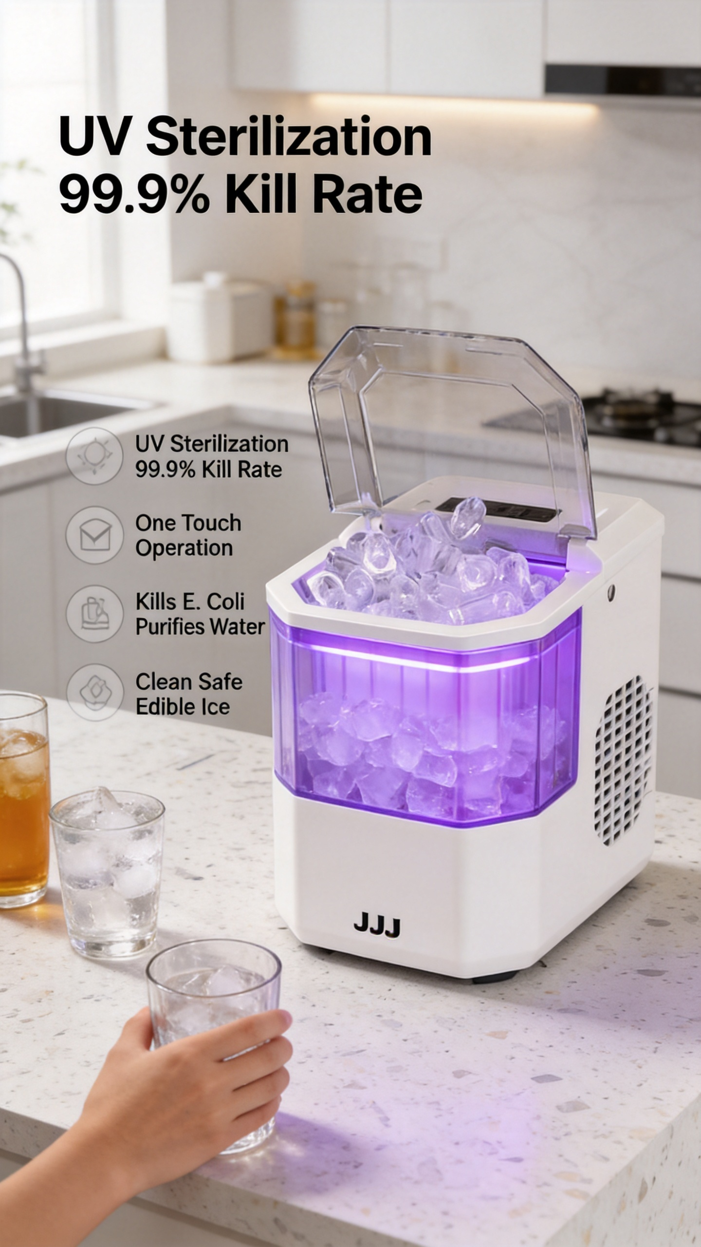 JJJ Portable Ice Maker, 15kg/24h, 6-8 Mins Fast Ice Making with UV Sterilization & Self-Cleaning, 220V EU Plug