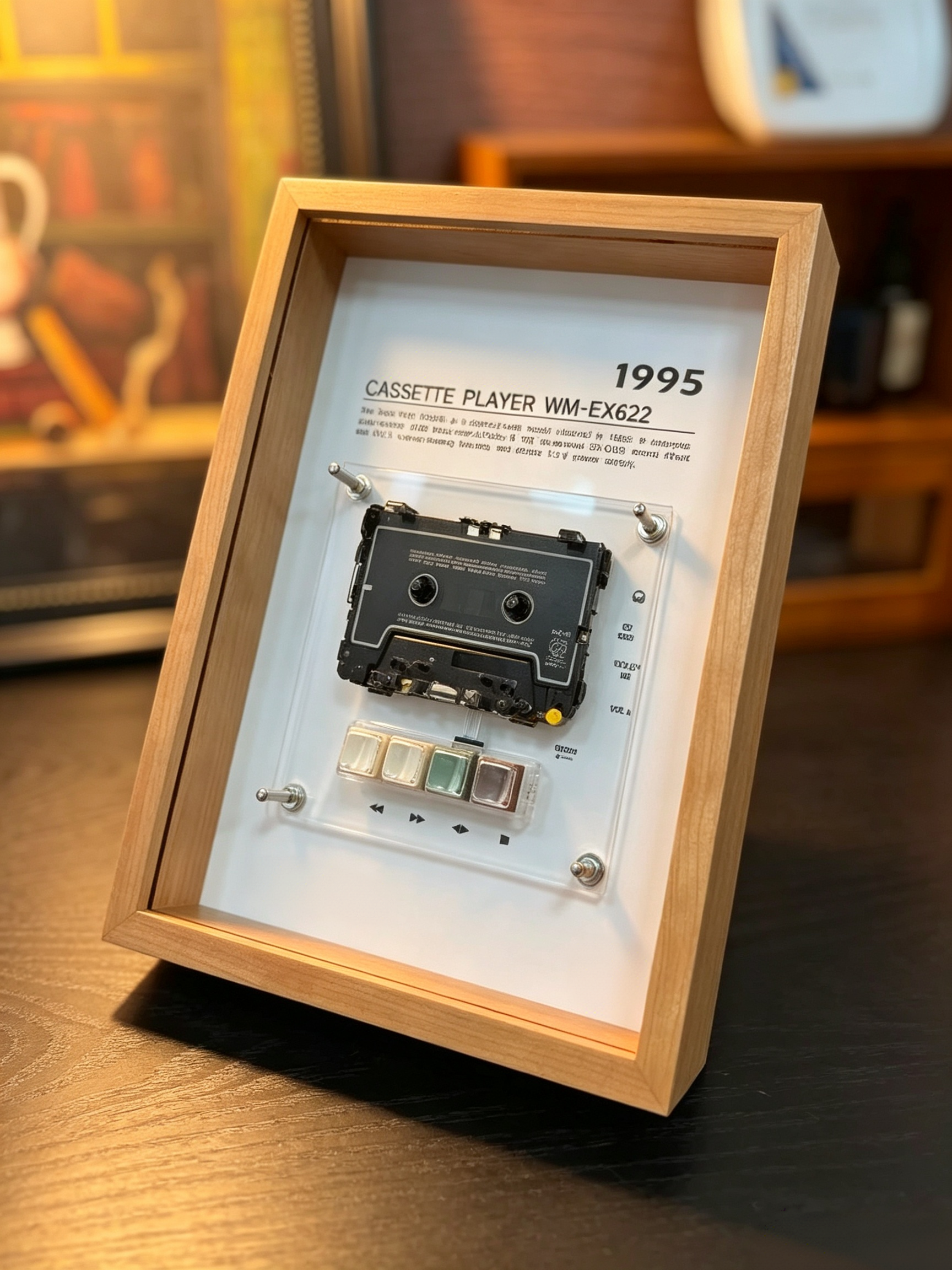 Vintage Cassette Player Frame with Functional Tape Playback & Retro Wall Art Design