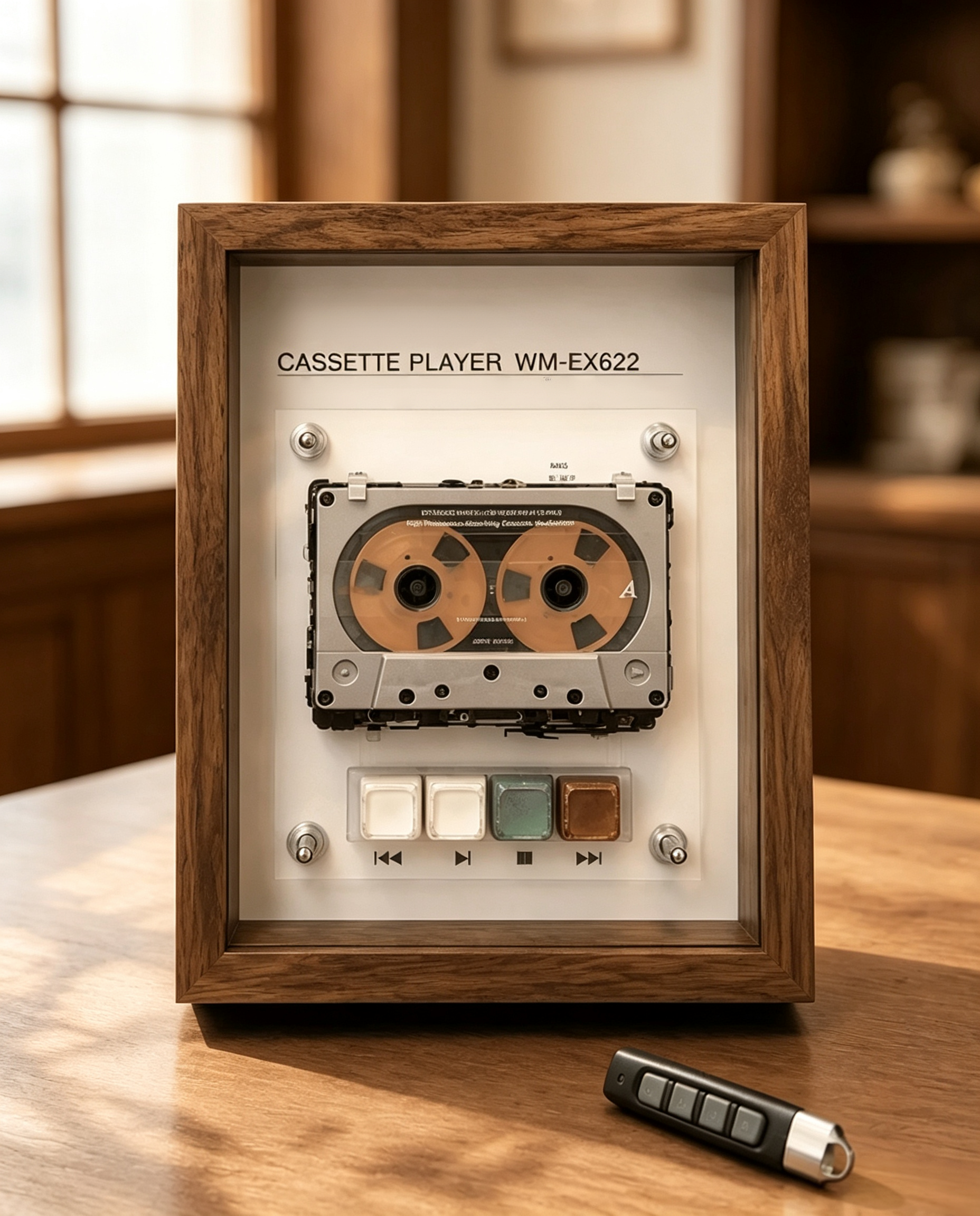 Vintage Cassette Player Frame with Functional Tape Playback & Retro Wall Art Design