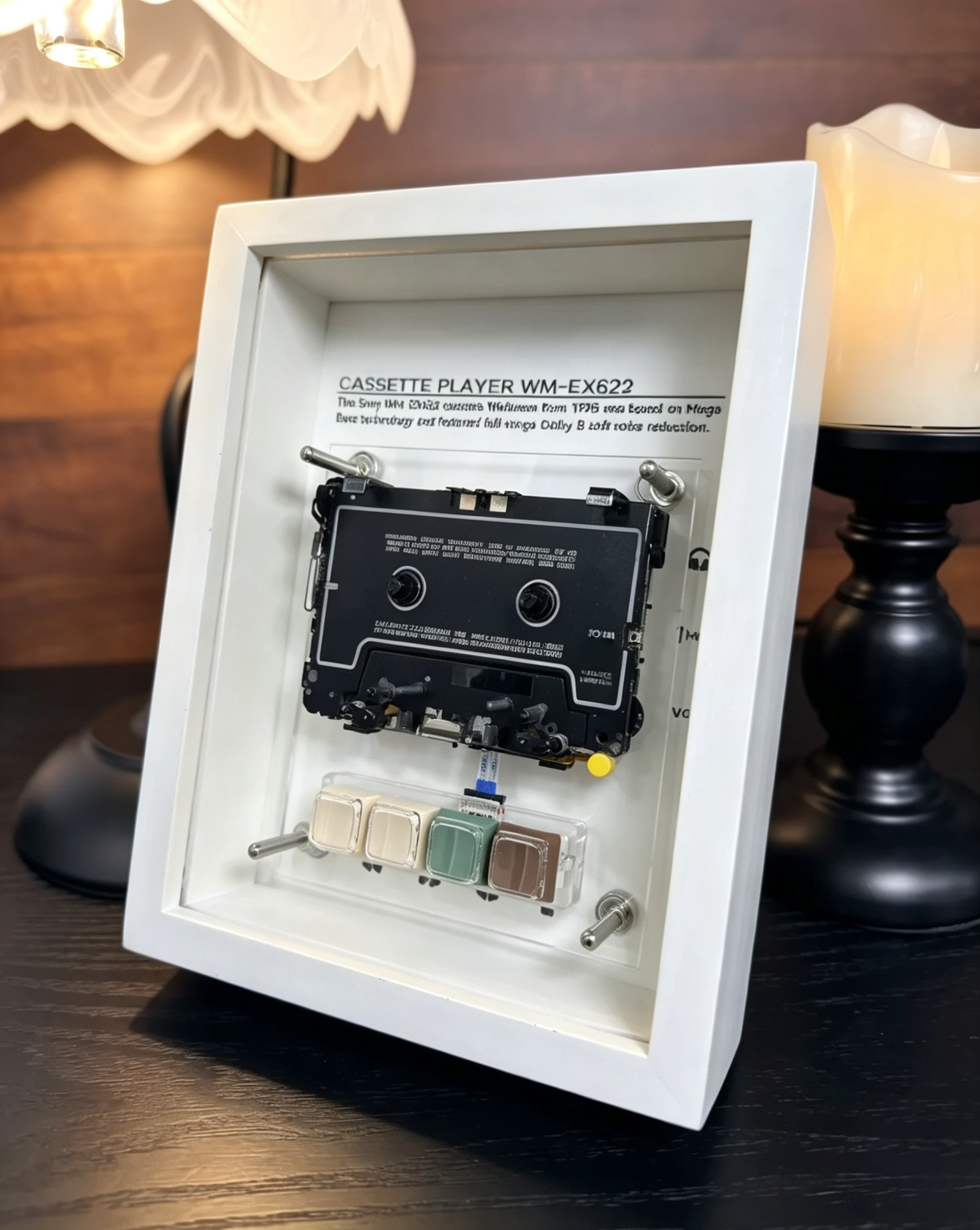 Vintage Cassette Player Frame with Functional Tape Playback & Retro Wall Art Design