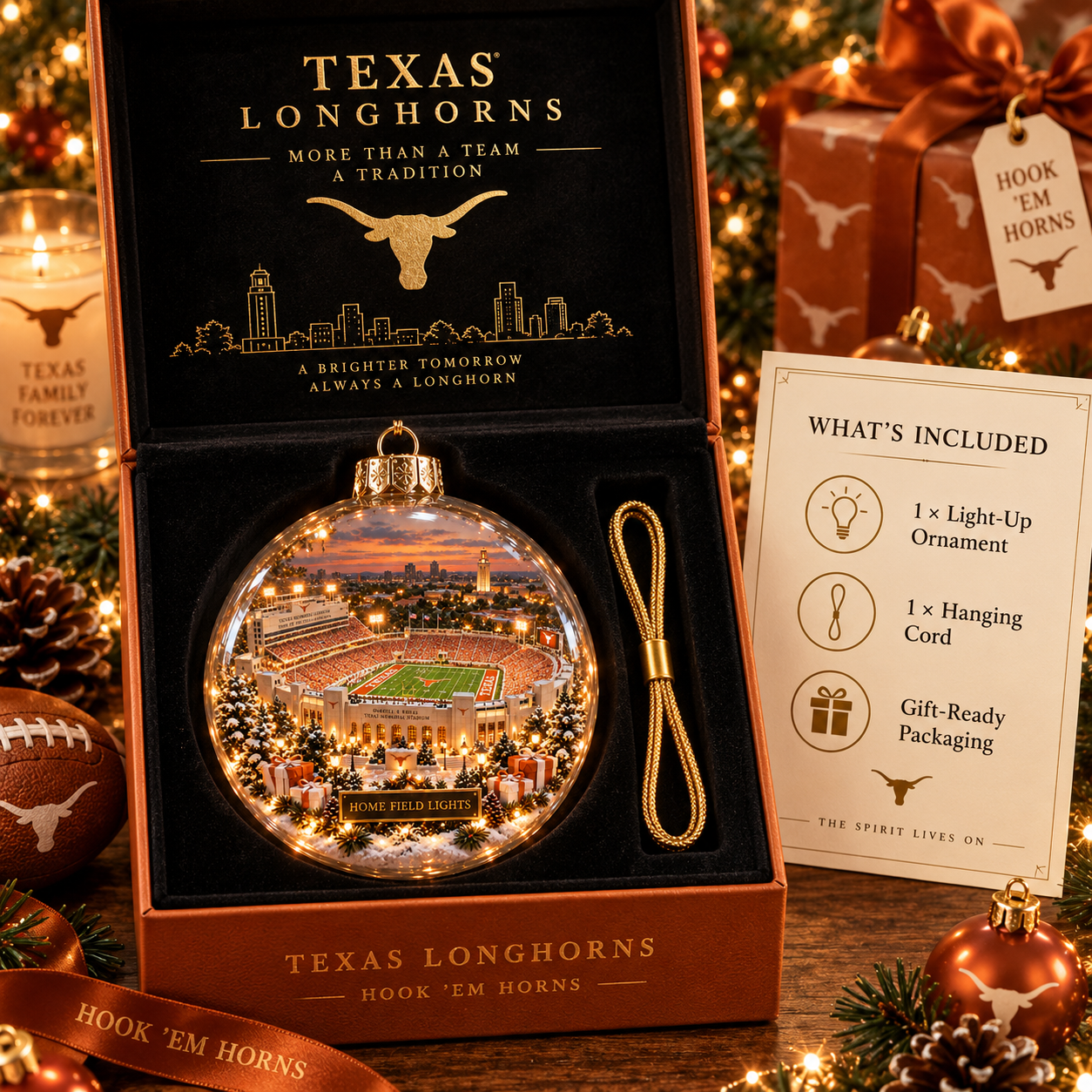 🏈🎄 Hook ’Em – Light-Up College Football Heritage Christmas Ornament