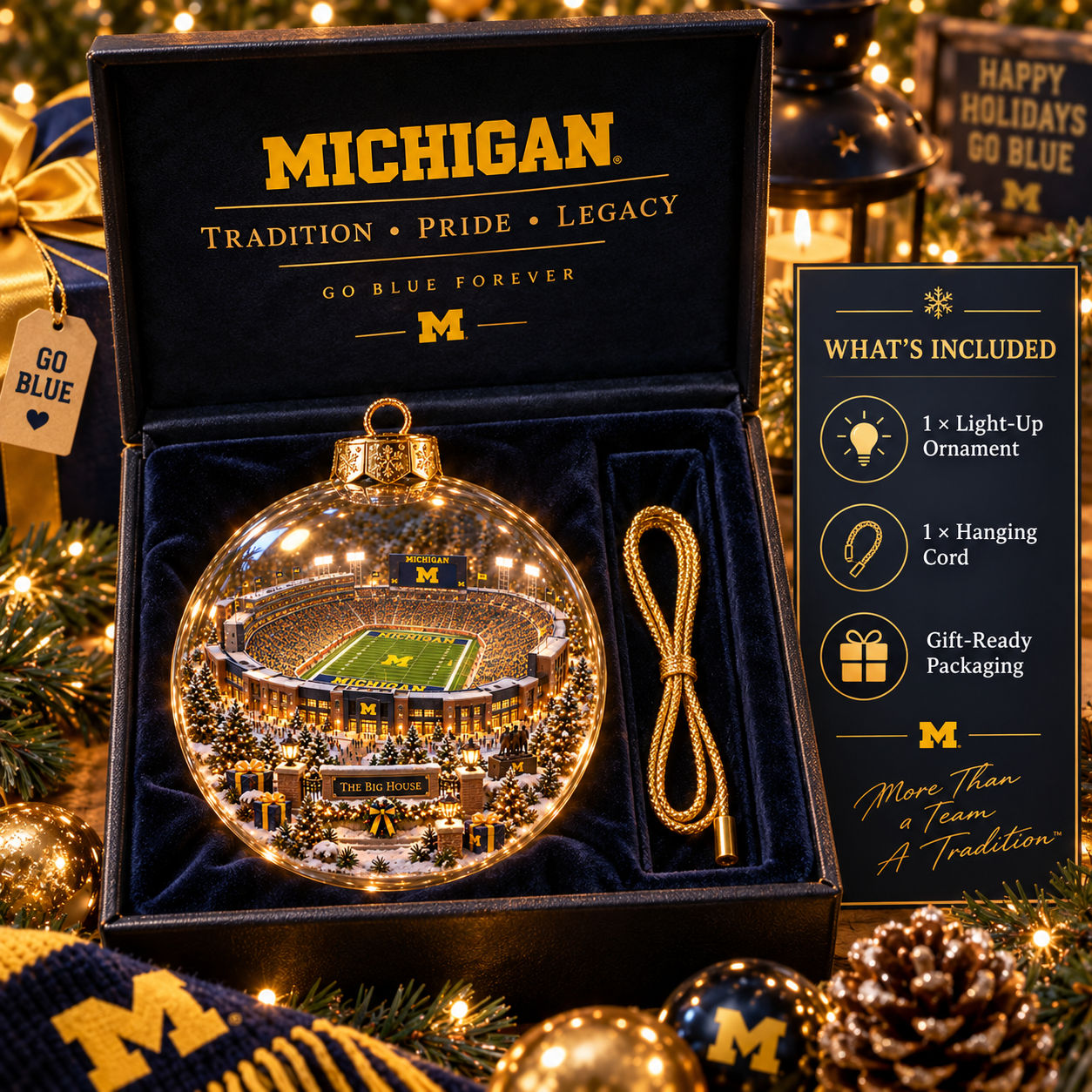🏈🎄 Go Blue – Light-Up College Football Heritage Christmas Ornament