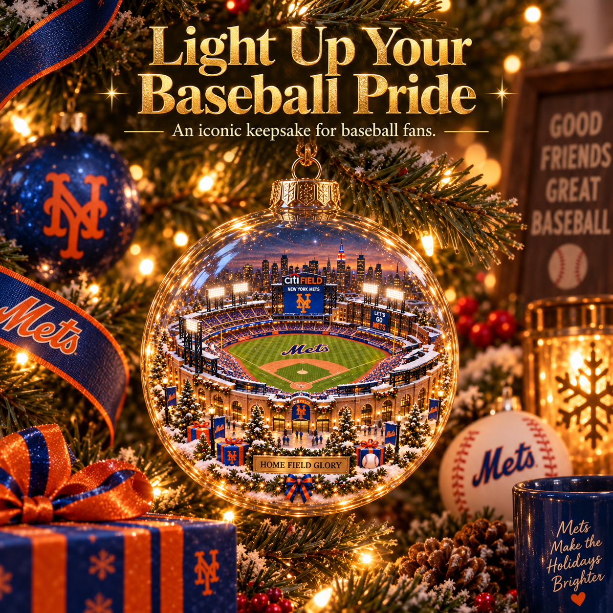 🧡💙 Baseball Brings Us Together — Light-Up Baseball Diorama Ornament