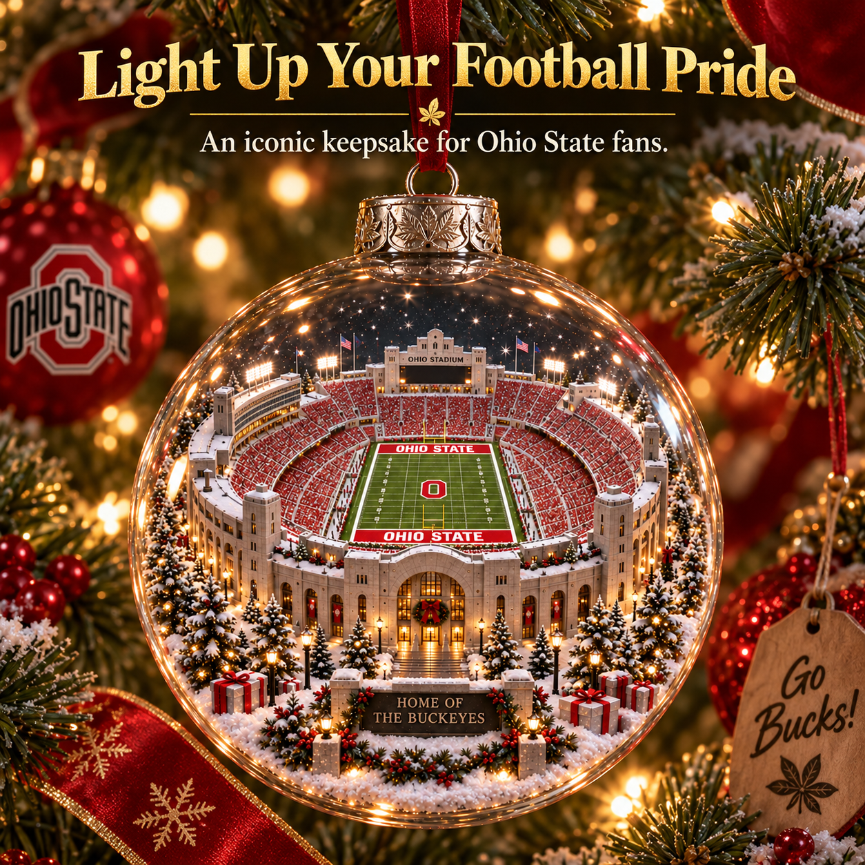 🎄 Scarlet & Gray Forever — Light-Up College Football Diorama Ornament