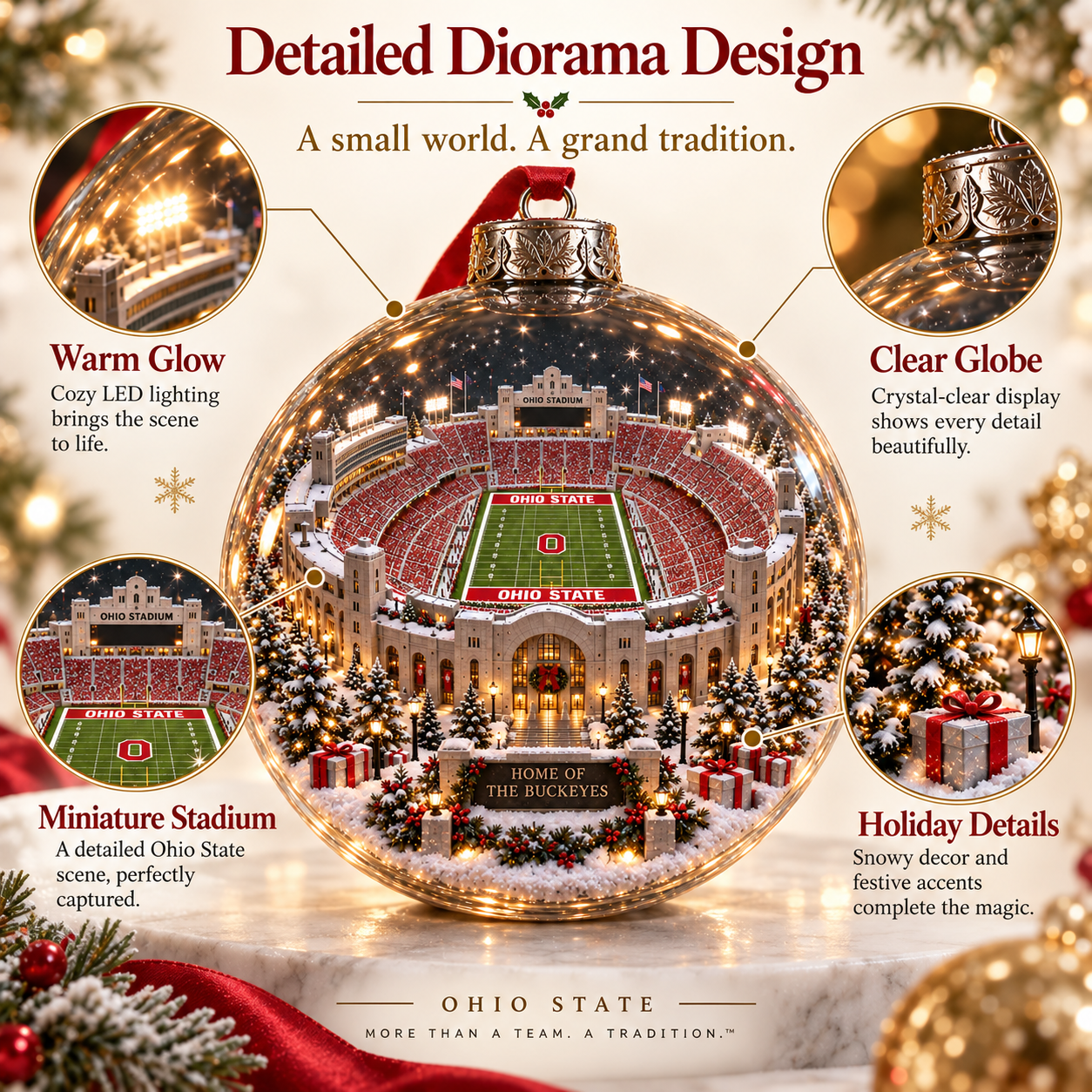 🎄 Scarlet & Gray Forever — Light-Up College Football Diorama Ornament