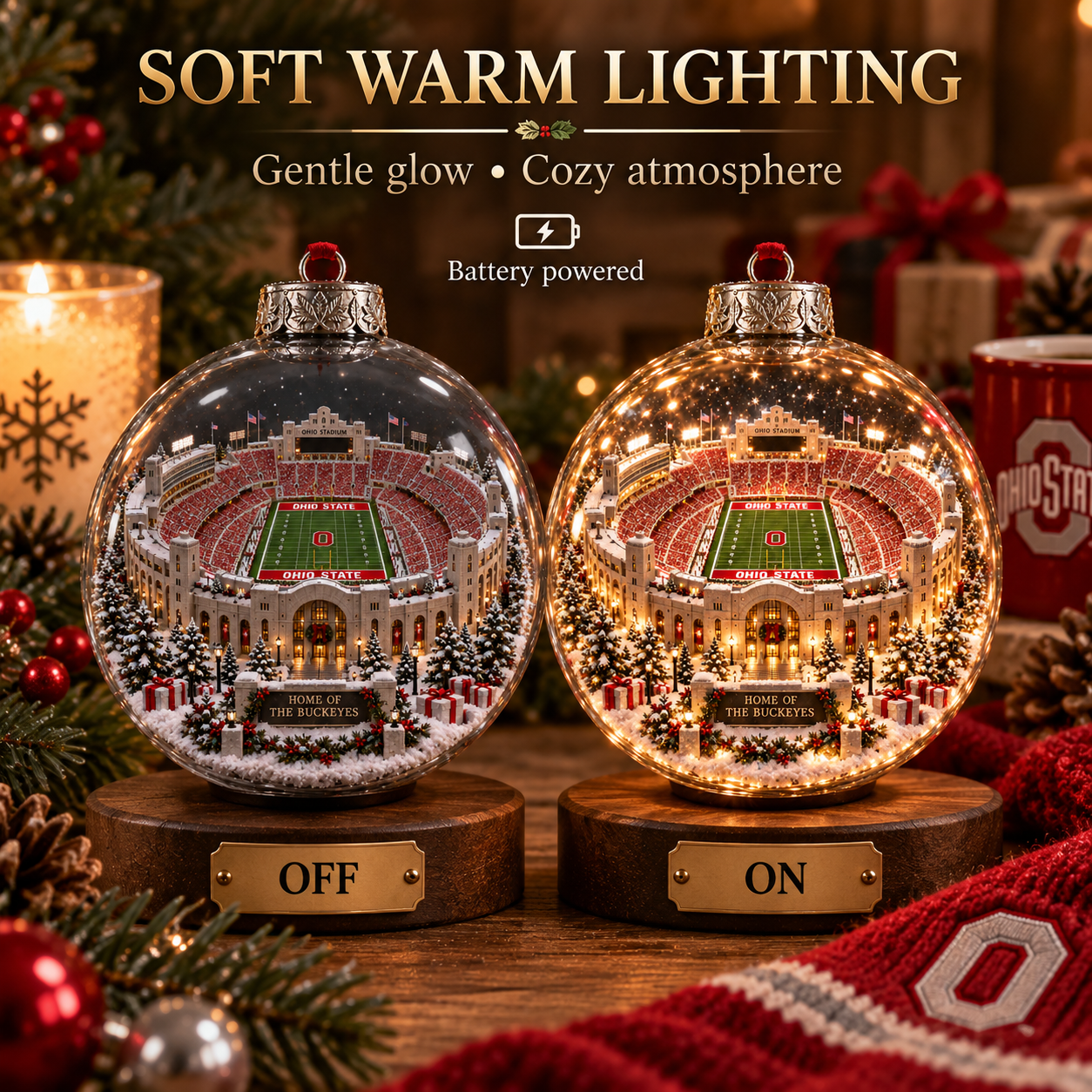 🎄 Scarlet & Gray Forever — Light-Up College Football Diorama Ornament