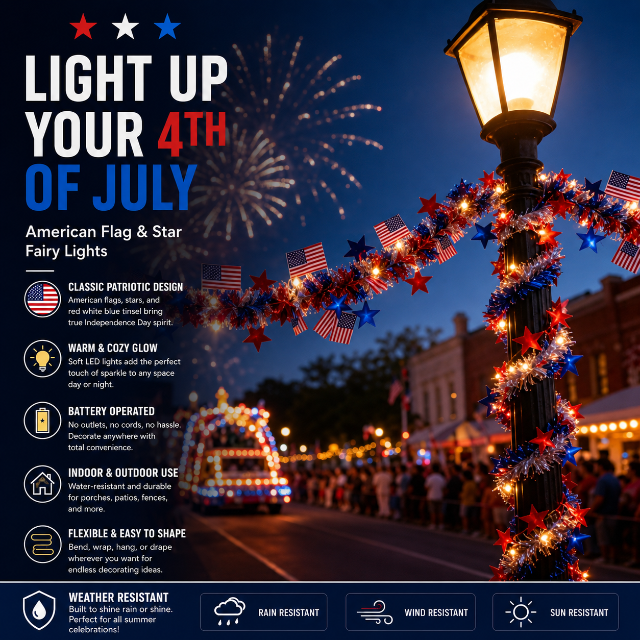 American Flag & Star Red White Blue Fairy Lights