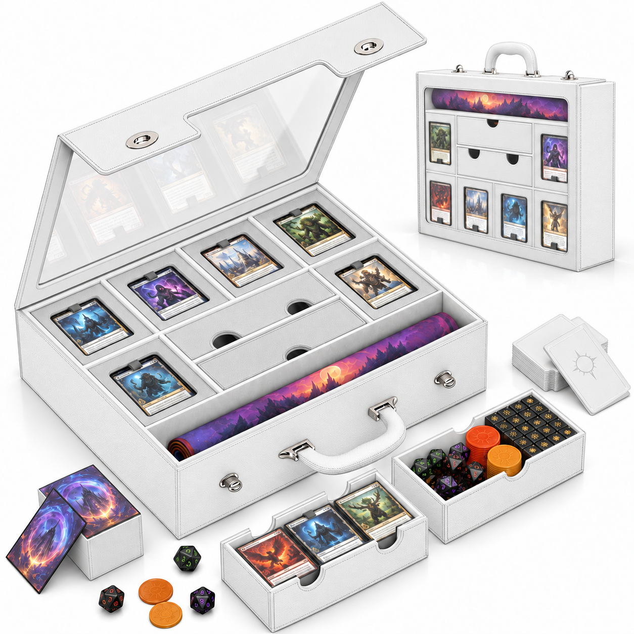 Modular 9-in-1 TCG Deck Box – Holds 6 Decks with Dice Tray, Magnetic Cases, Sleeves & Playmat