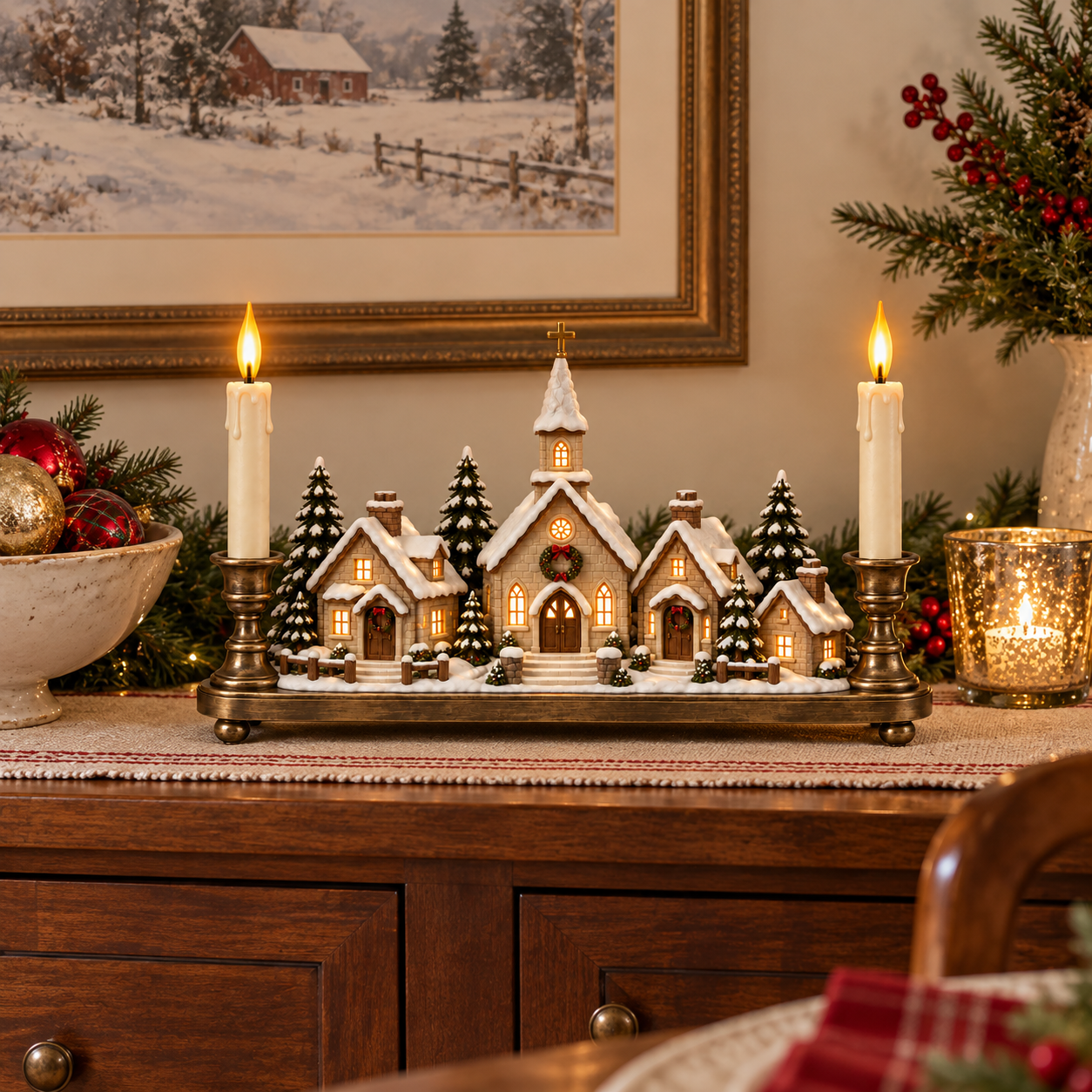 Christmas Eve Village Candlelight Centerpiece