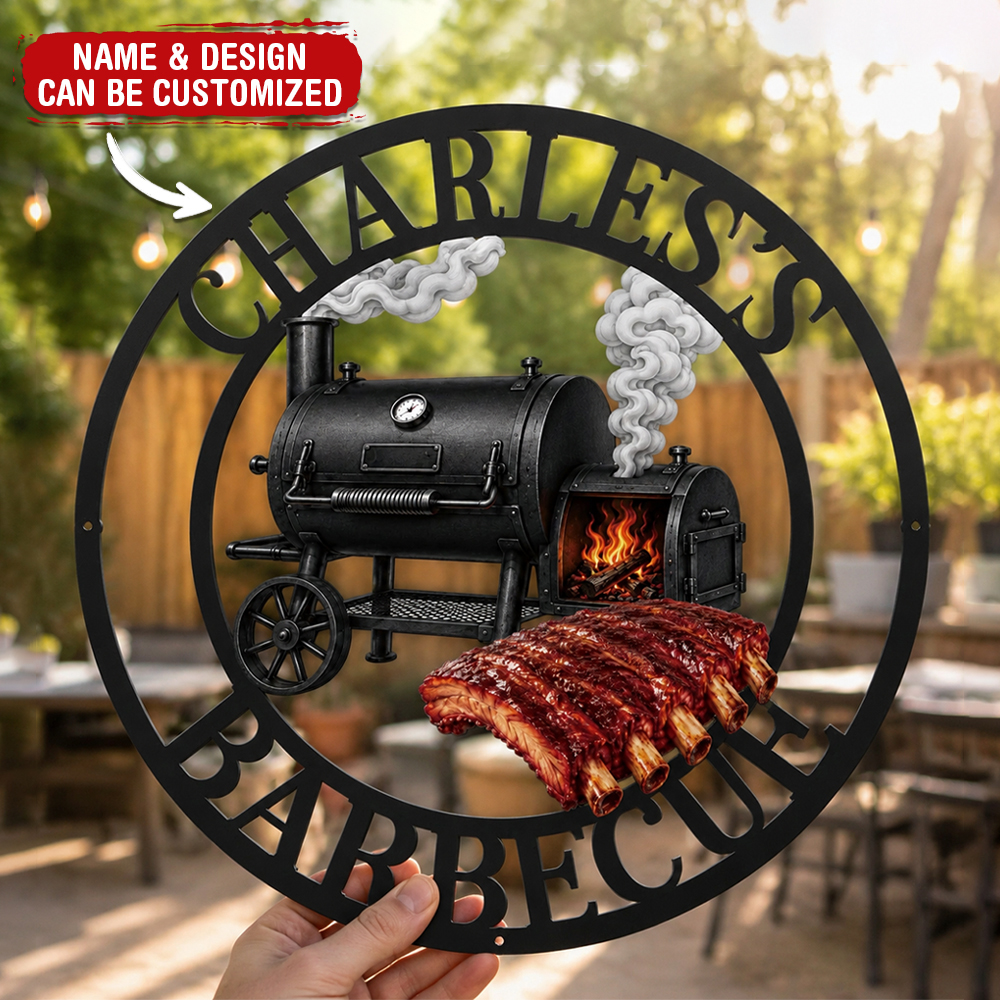 Custom BBQ Shaped Metal Sign - Personalized Grilling Gifts For BBQ Lovers, Husband, Son, Grandson, Brother, Grandpa, Dad, Yourself - Smoke Fire Good Times