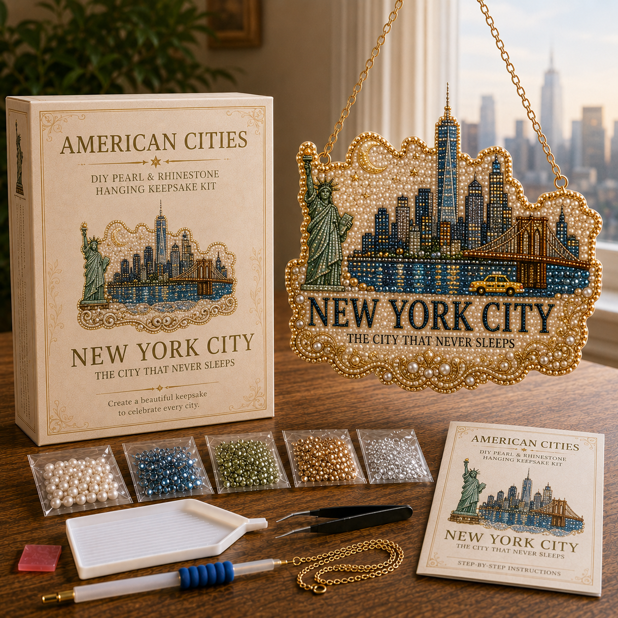 🏙️ American Cities Pearl & Rhinestone Hanging Keepsake DIY Kit