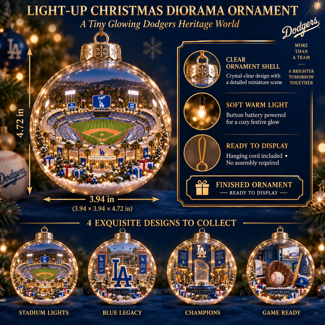 🎄 Think Blue — Light-Up Baseball Diorama Ornament
