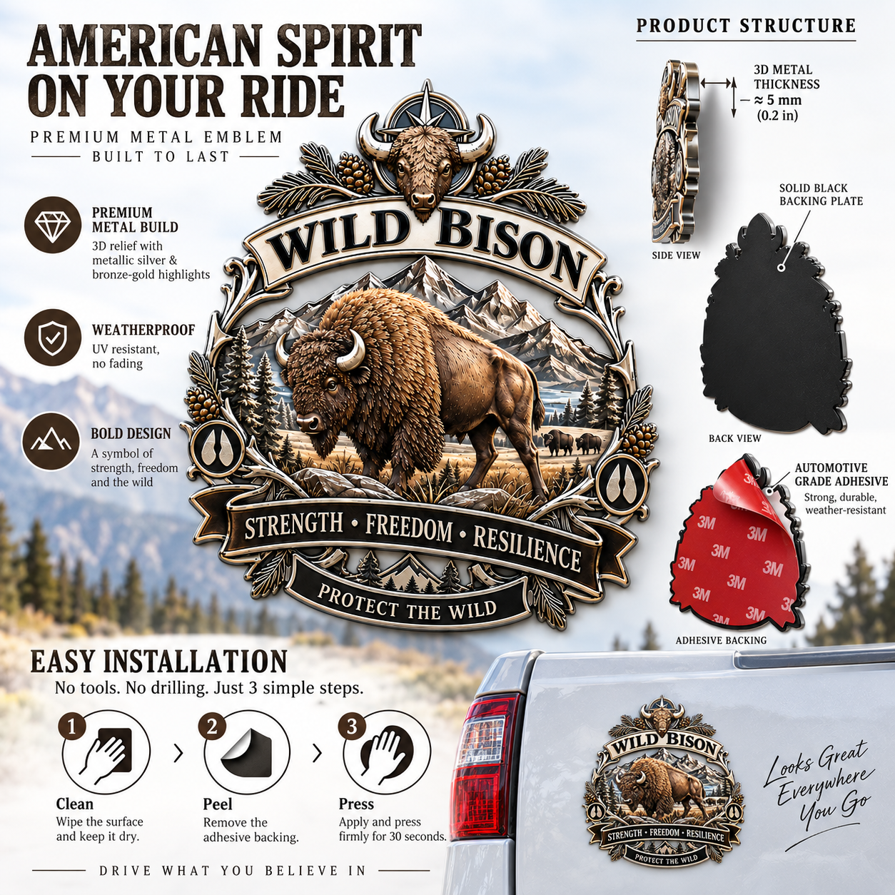 🚙Wild Bison 3D Metal Car Emblem – Strength · Freedom · Resilience