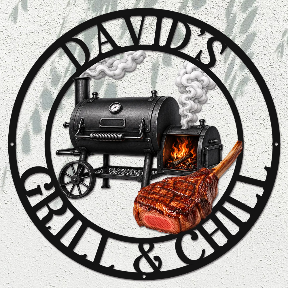 Custom BBQ Shaped Metal Sign - Personalized Grilling Gifts For BBQ Lovers, Husband, Son, Grandson, Brother, Grandpa, Dad, Yourself - Smoke Fire Good Times