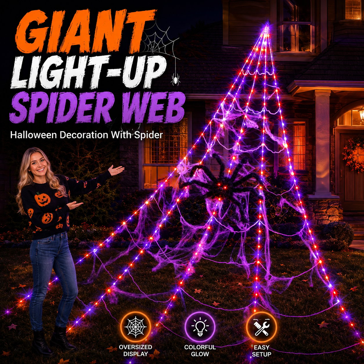Halloween LED Spider Web Lights & Giant Black Spider Decor | 250 LEDs, 8 Modes, Remote Control
