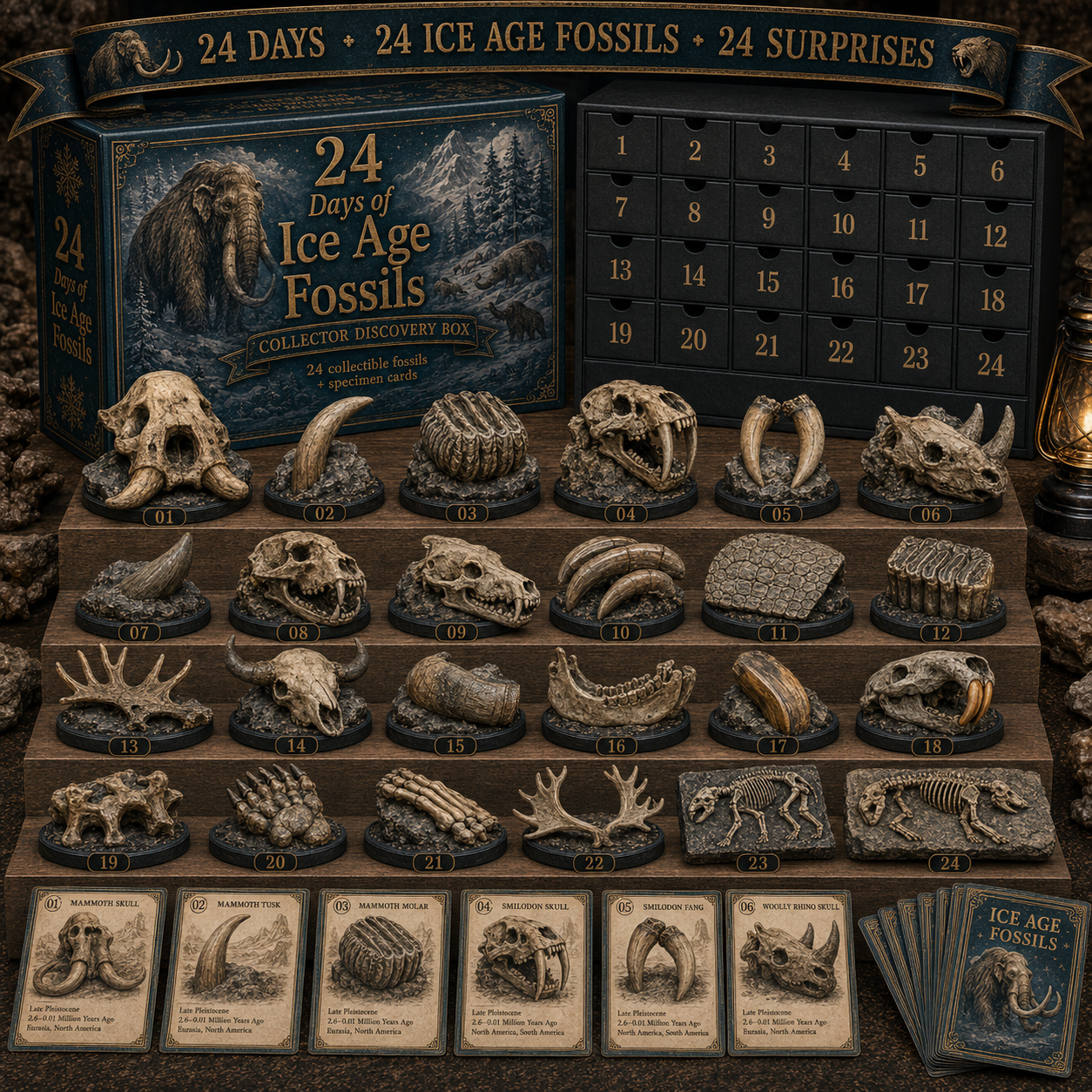 ⏳Only Today 49% Off 🔥24 Days of Fossil Discovery – 24 Collectible Fossils + Specimen Cards
