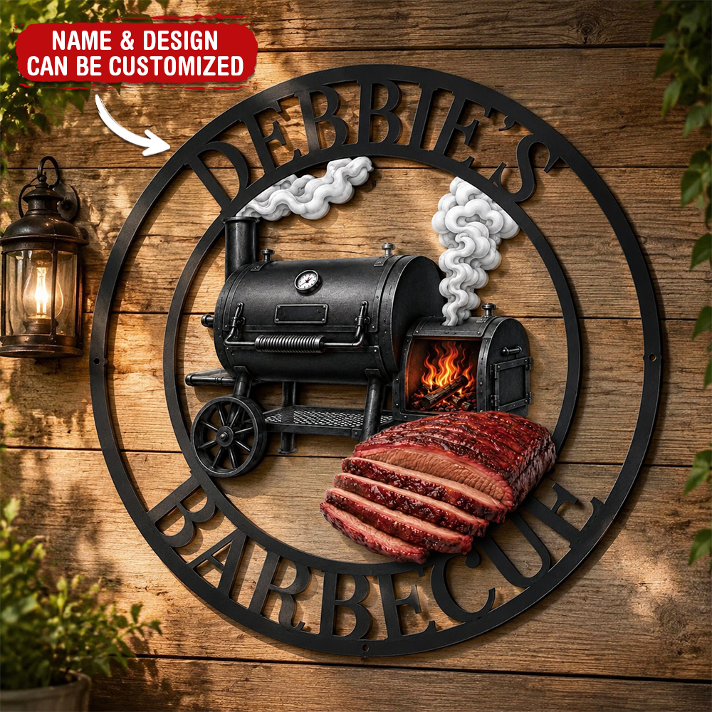 Custom BBQ Shaped Metal Sign - Personalized Grilling Gifts For BBQ Lovers, Husband, Son, Grandson, Brother, Grandpa, Dad, Yourself - Smoke Fire Good Times