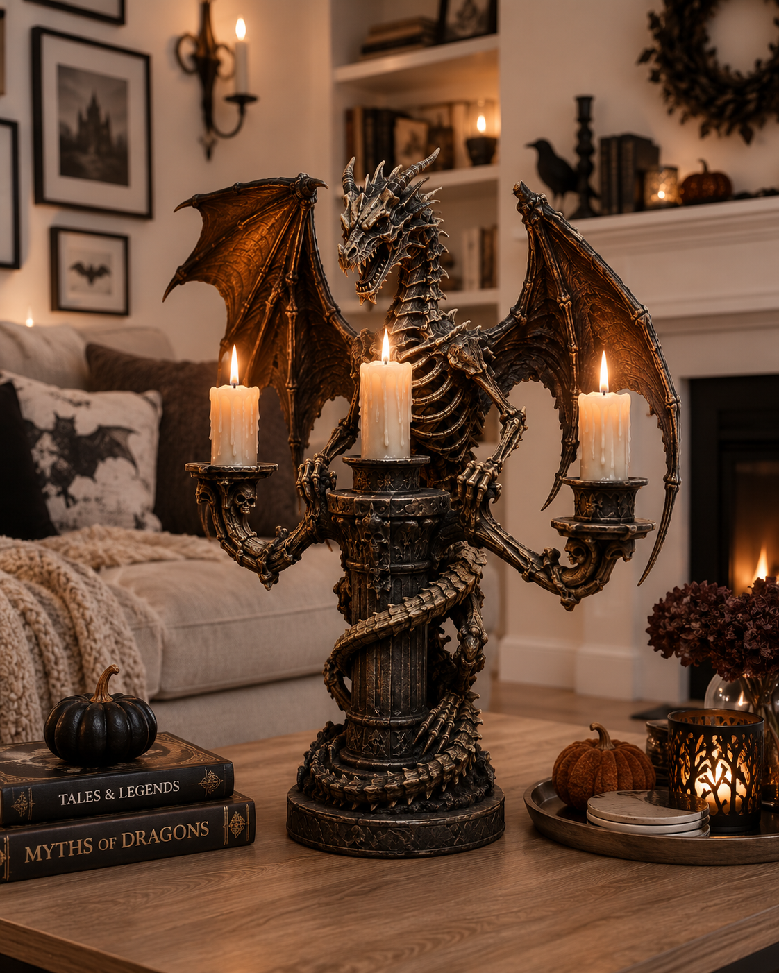 Gothic Dragon Skeleton Candle Holder, 3-Arm Medieval Dragon Candelabra, Dark Fantasy Tabletop Decor for Halloween, Gothic Home, Study Room & Gifts