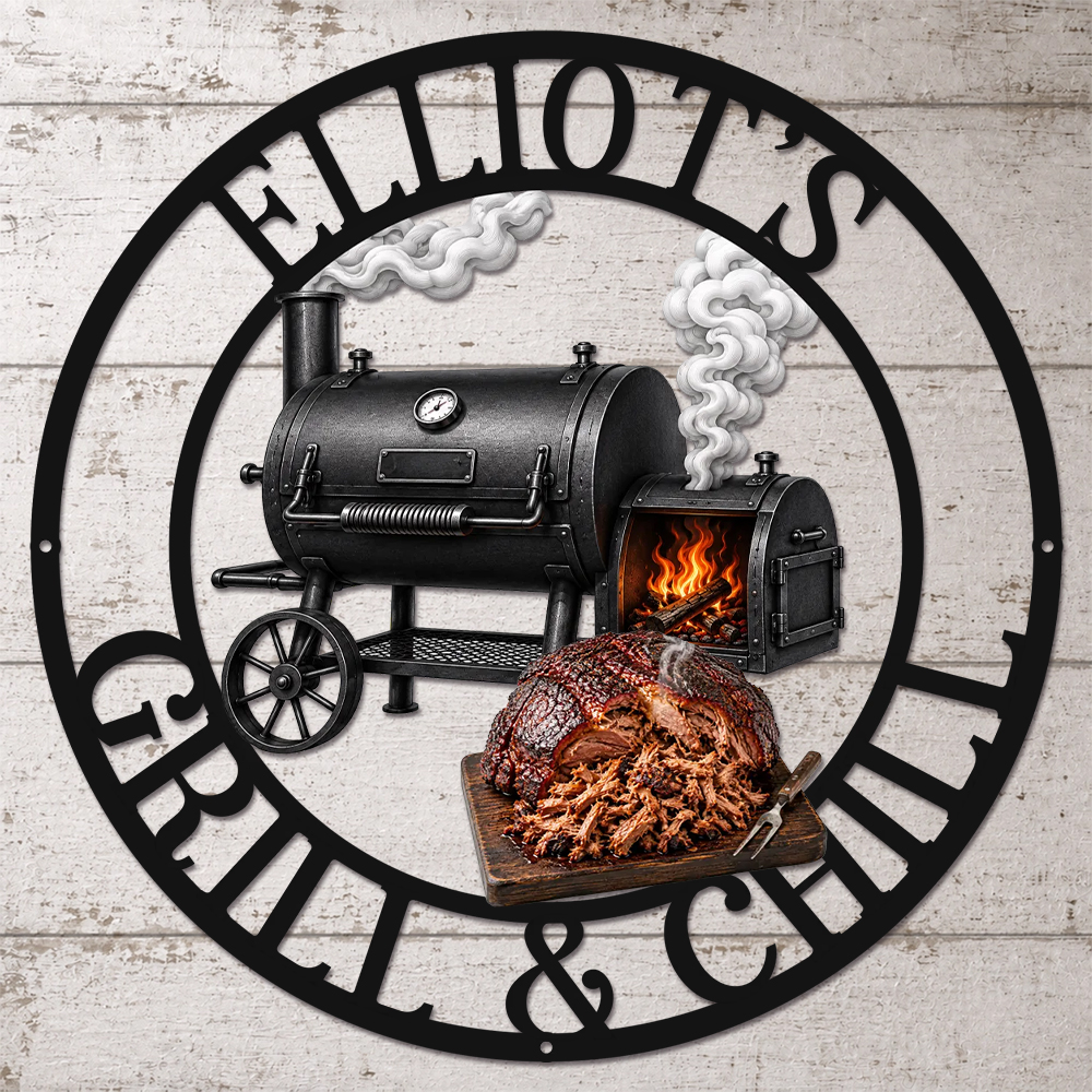 Custom BBQ Shaped Metal Sign - Personalized Grilling Gifts For BBQ Lovers, Husband, Son, Grandson, Brother, Grandpa, Dad, Yourself - Smoke Fire Good Times
