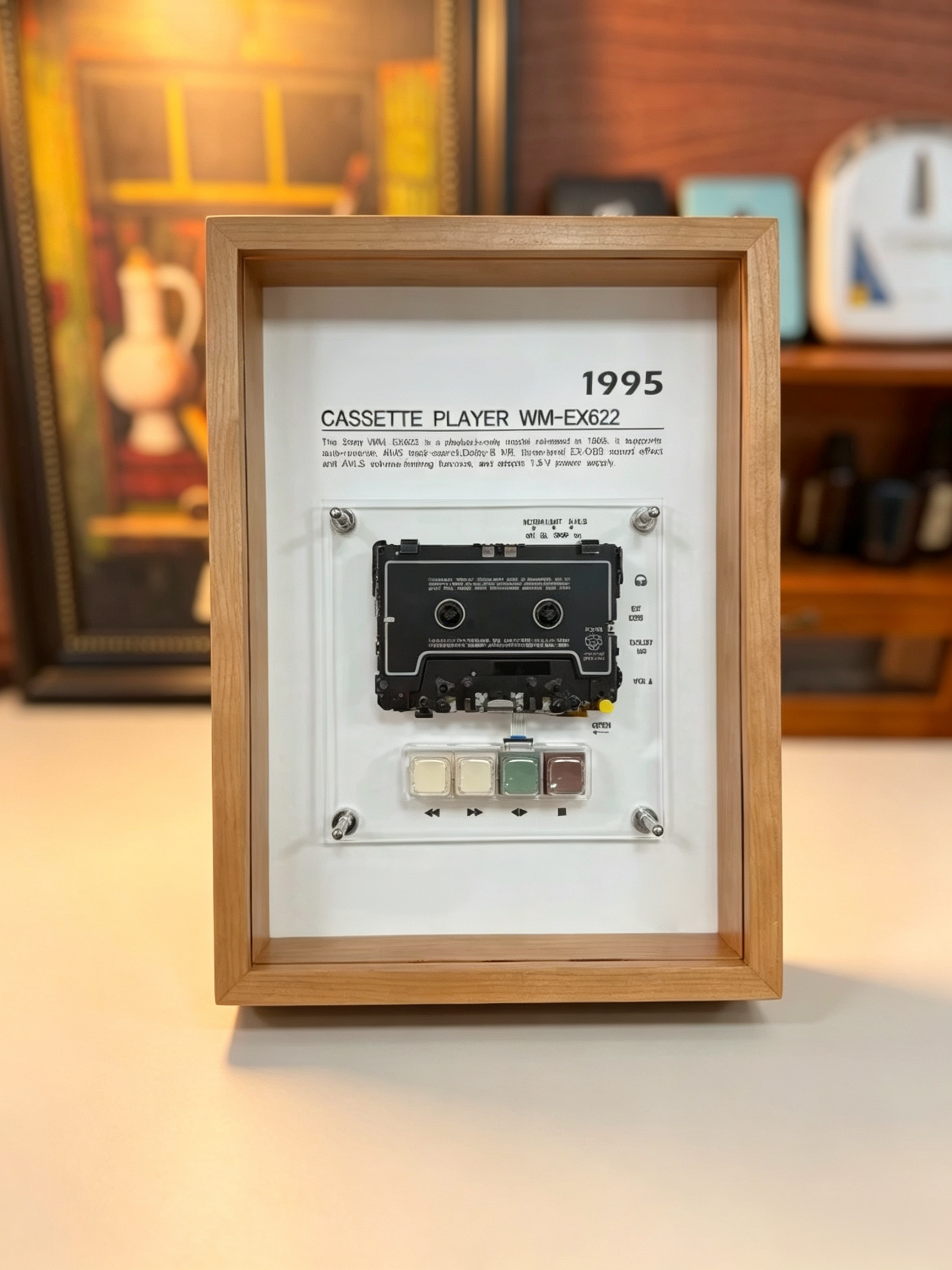 Vintage Cassette Player Frame with Functional Tape Playback & Retro Wall Art Design