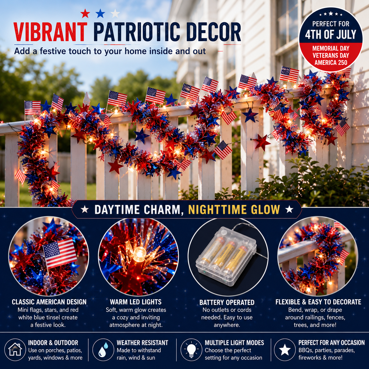 American Flag & Star Red White Blue Fairy Lights