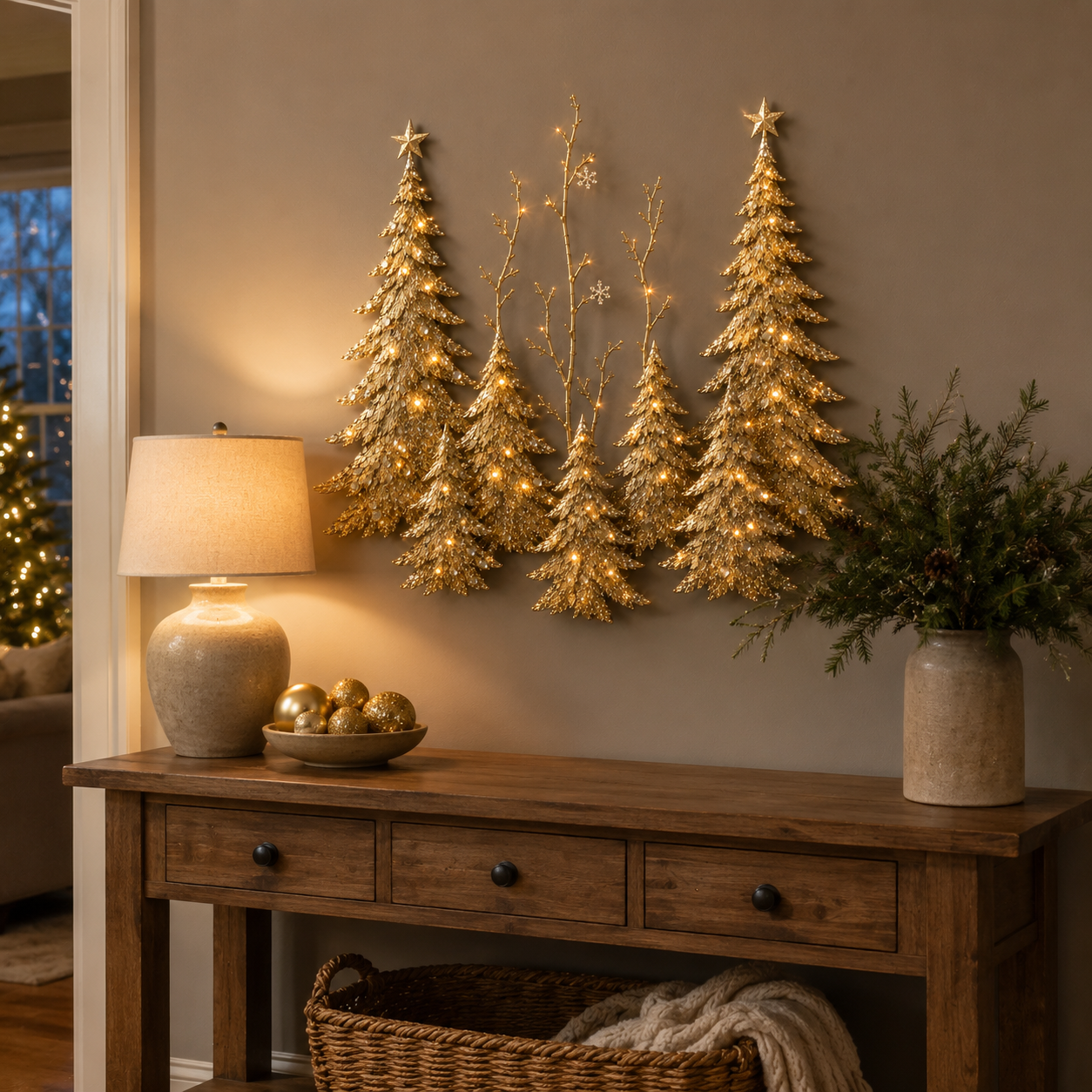 Golden Christmas Forest Illuminated Wall Sculpture