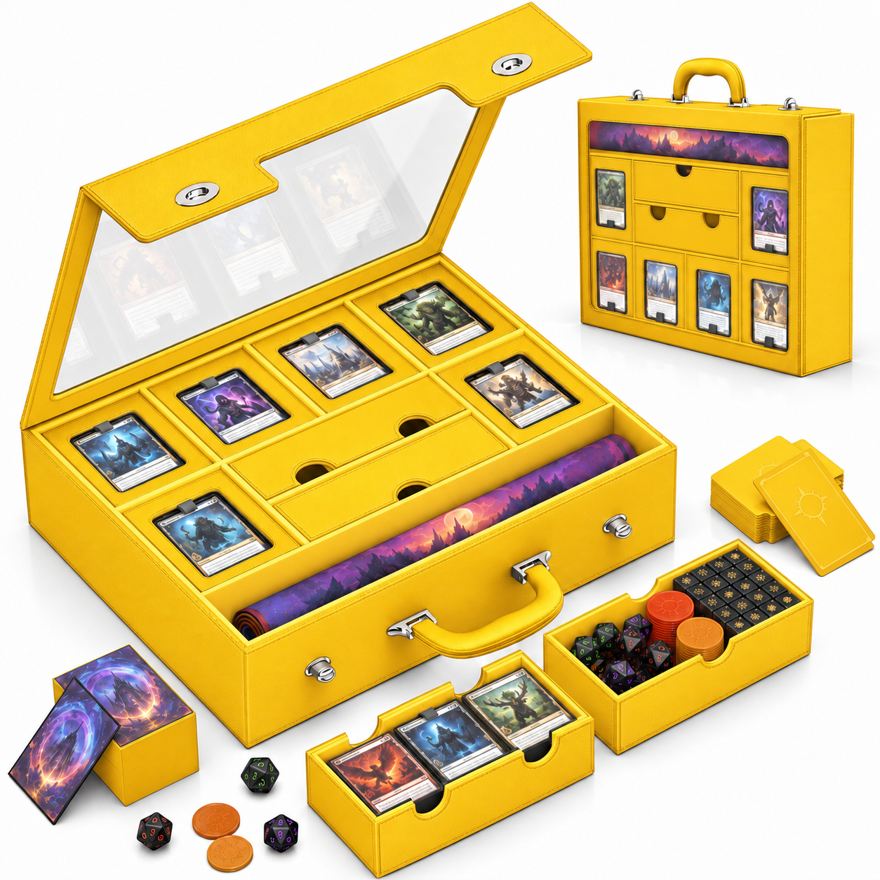 Modular 9-in-1 TCG Deck Box – Holds 6 Decks with Dice Tray, Magnetic Cases, Sleeves & Playmat