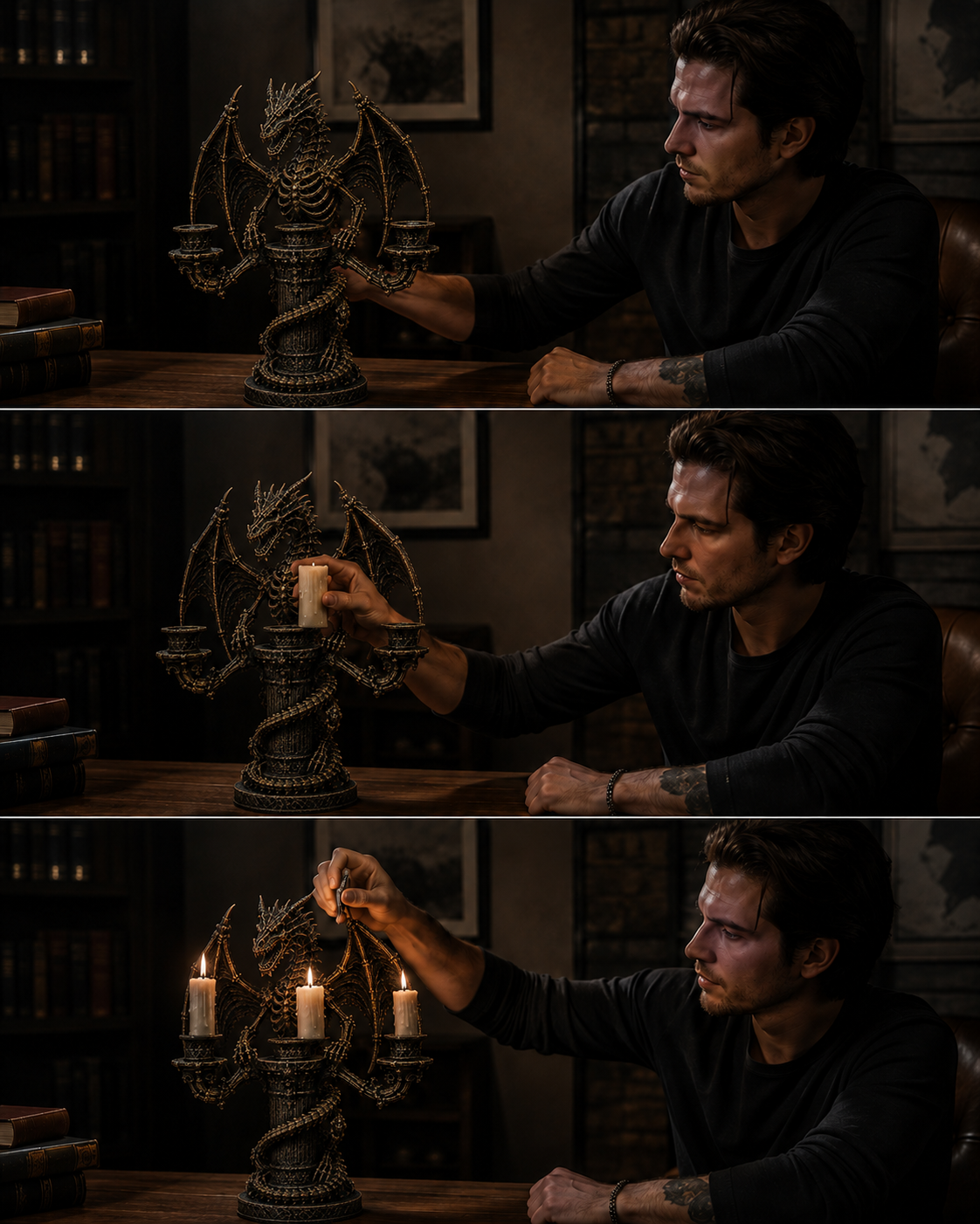 Gothic Dragon Skeleton Candle Holder, 3-Arm Medieval Dragon Candelabra, Dark Fantasy Tabletop Decor for Halloween, Gothic Home, Study Room & Gifts