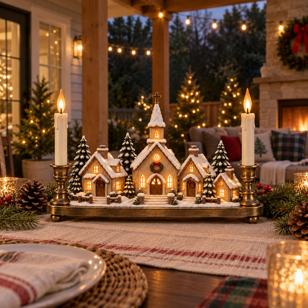 Christmas Eve Village Candlelight Centerpiece