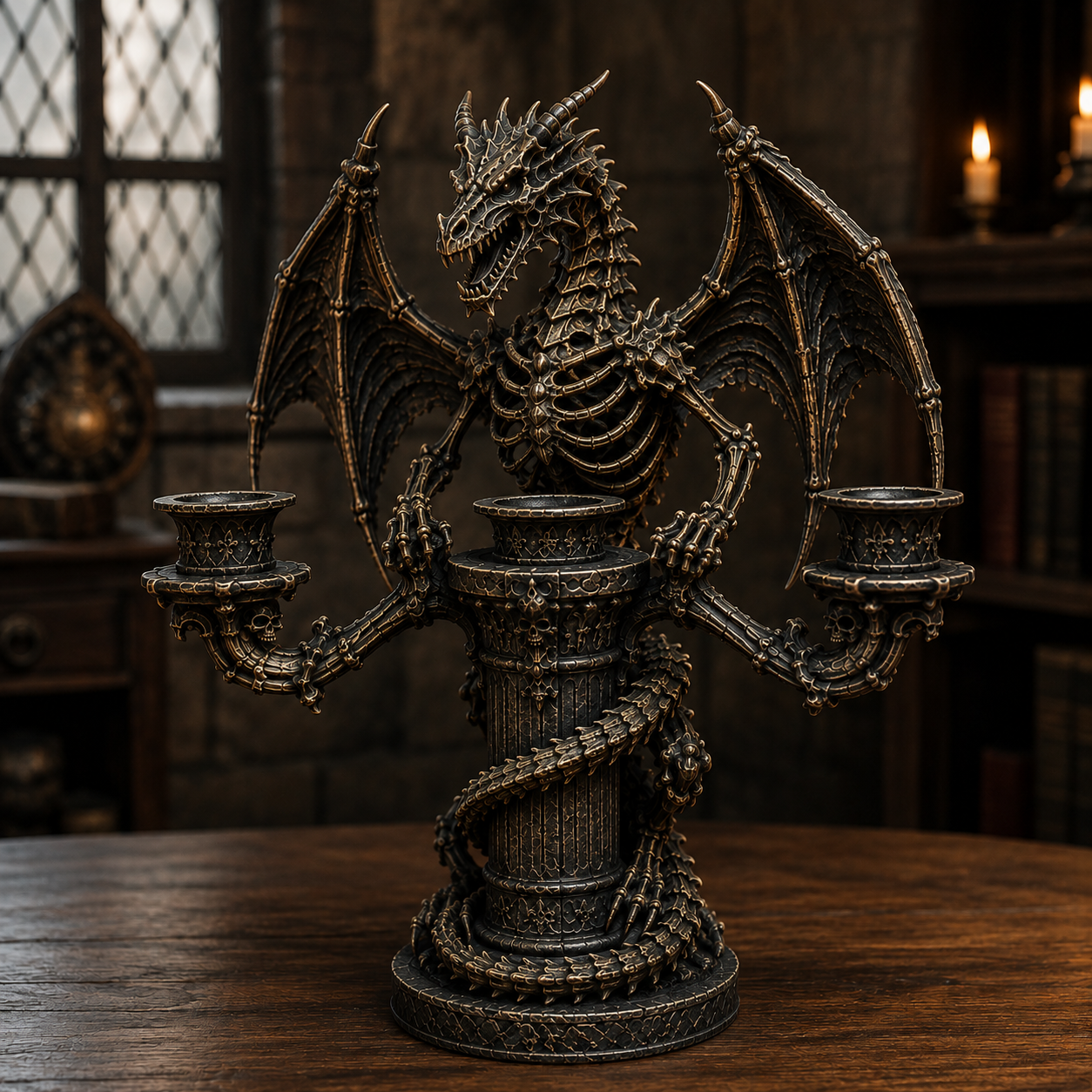 Gothic Dragon Skeleton Candle Holder, 3-Arm Medieval Dragon Candelabra, Dark Fantasy Tabletop Decor for Halloween, Gothic Home, Study Room & Gifts