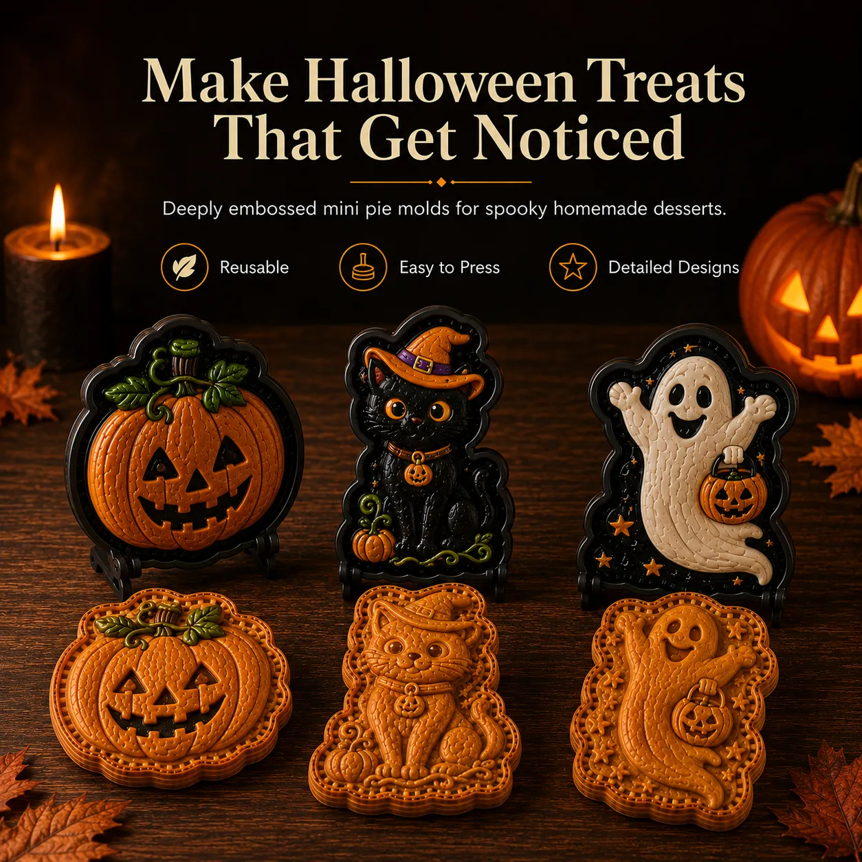 ⏳Only Today 49% OFF – Buy 3 Get 1 FREE（4 PCS）🎃 Halloween Mini Pie Mold Collection | Reusable Embossed Molds for Shaping Detailed Pumpkin, Ghost, Reindeer, Tree & Holiday Pies 🥧✨