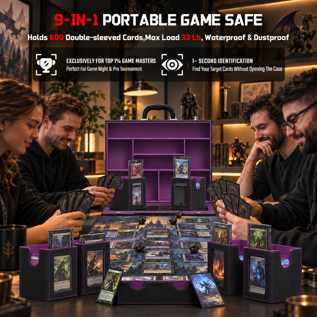 Modular 9-in-1 TCG Deck Box – Holds 6 Decks with Dice Tray, Magnetic Cases, Sleeves & Playmat