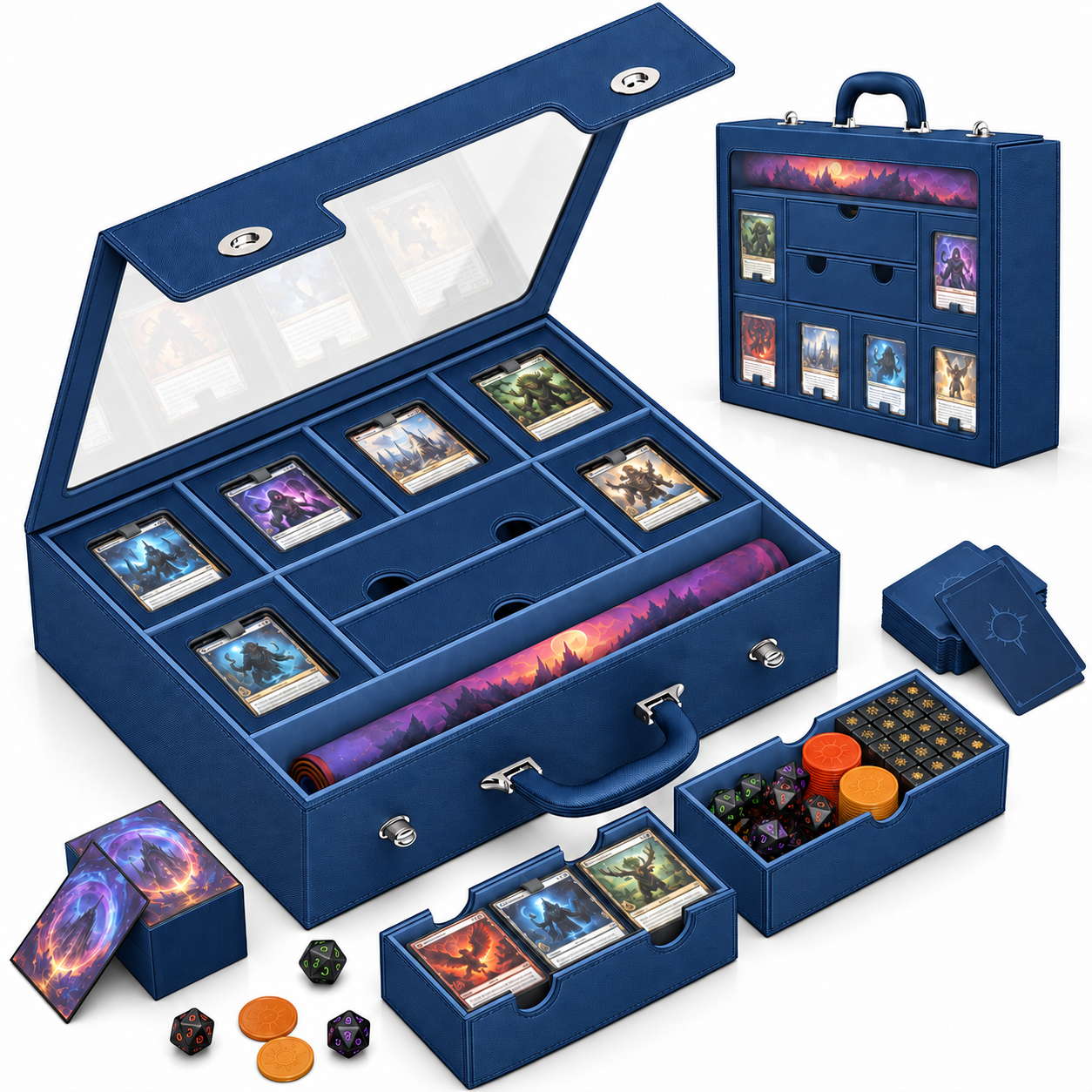 Modular 9-in-1 TCG Deck Box – Holds 6 Decks with Dice Tray, Magnetic Cases, Sleeves & Playmat
