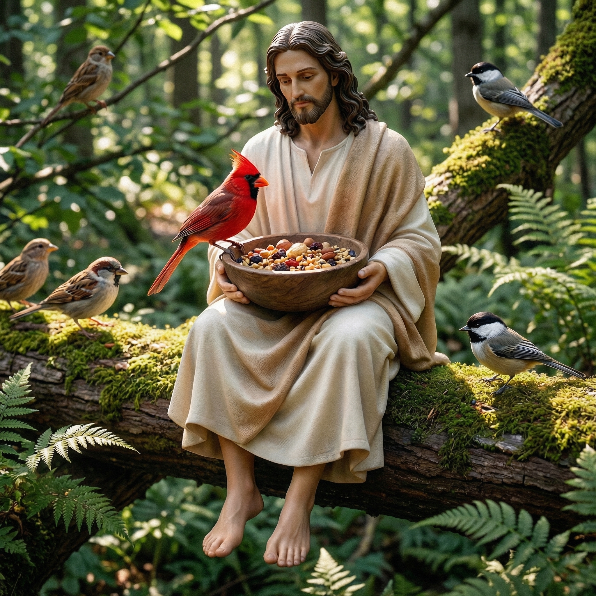 Handcrafted decorative figurine of Jesus feeding birds in the forest