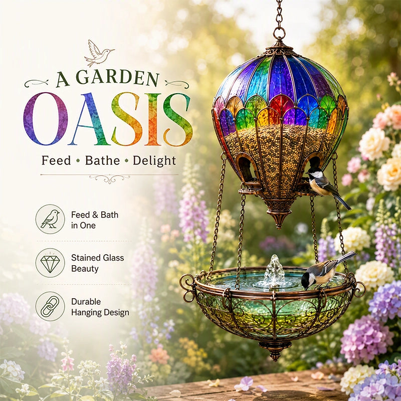 Stained Glass Hot Air Balloon Bird Feeder and Fountain