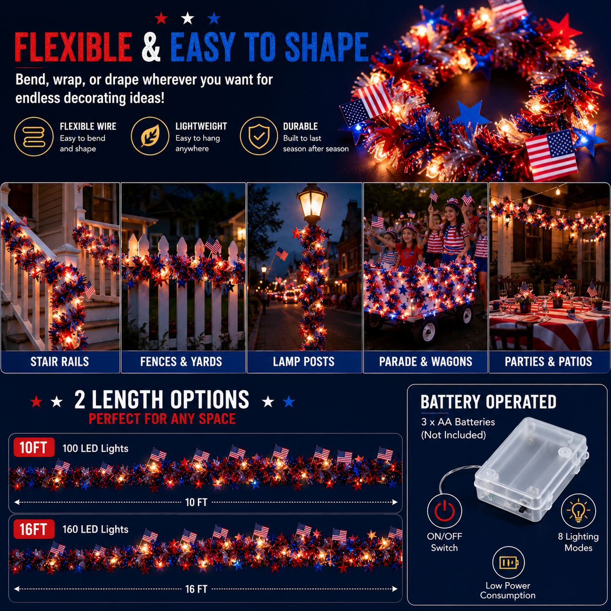 American Flag & Star Red White Blue Fairy Lights
