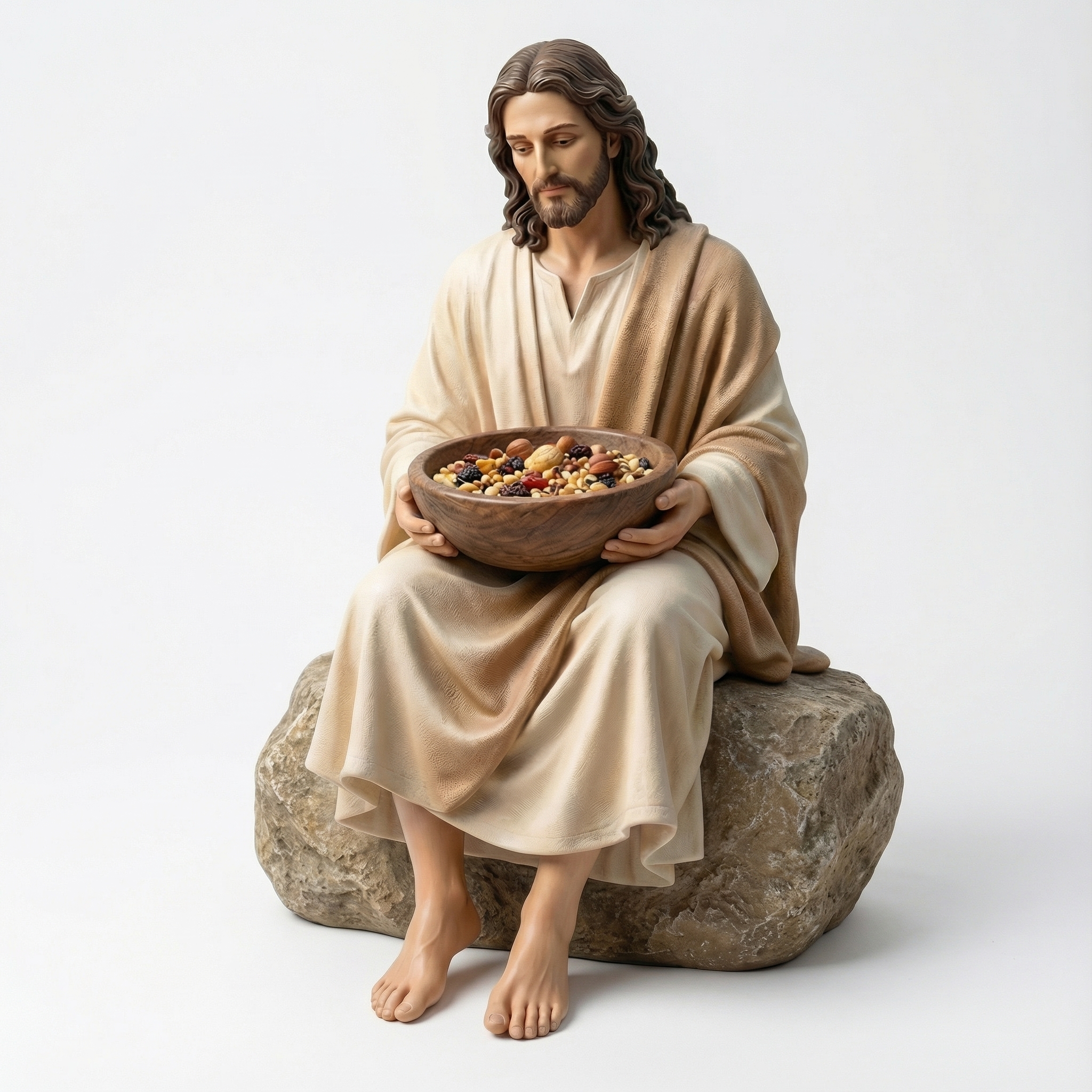 Handcrafted decorative figurine of Jesus feeding birds in the forest