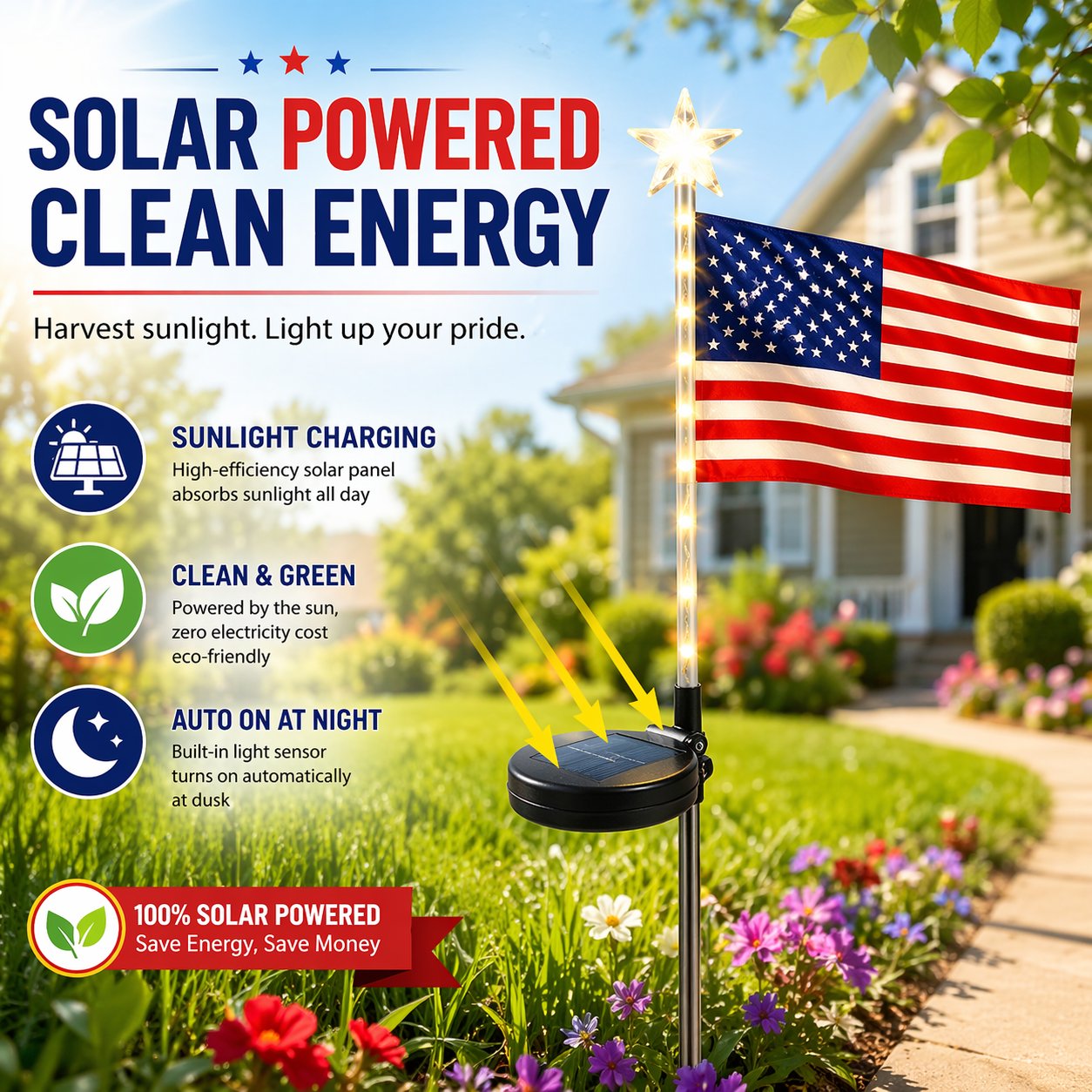 LAST SALE 60% OFF-8 Solar American Flag Pathway Lights Red, White & Blue Yard Glow for 250th Independence Celebration