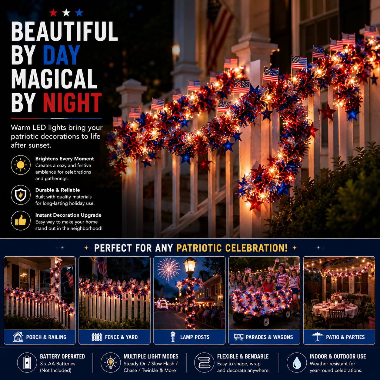 American Flag & Star Red White Blue Fairy Lights
