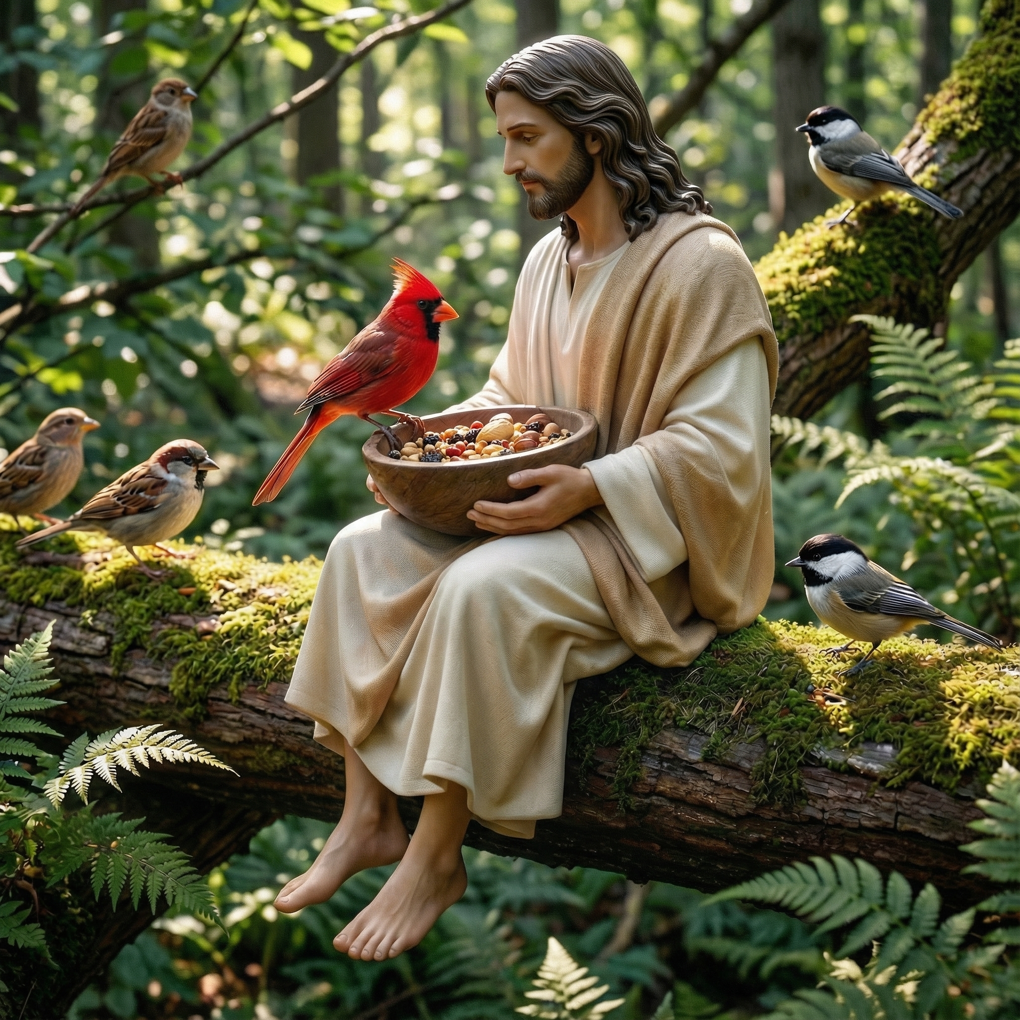 Handcrafted decorative figurine of Jesus feeding birds in the forest