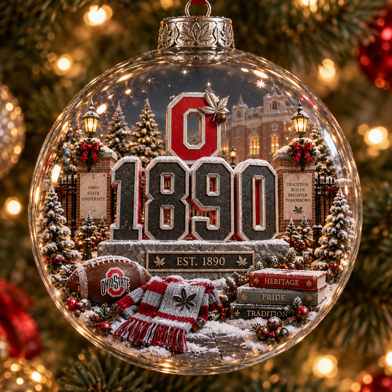 🎄 Scarlet & Gray Forever — Light-Up College Football Diorama Ornament