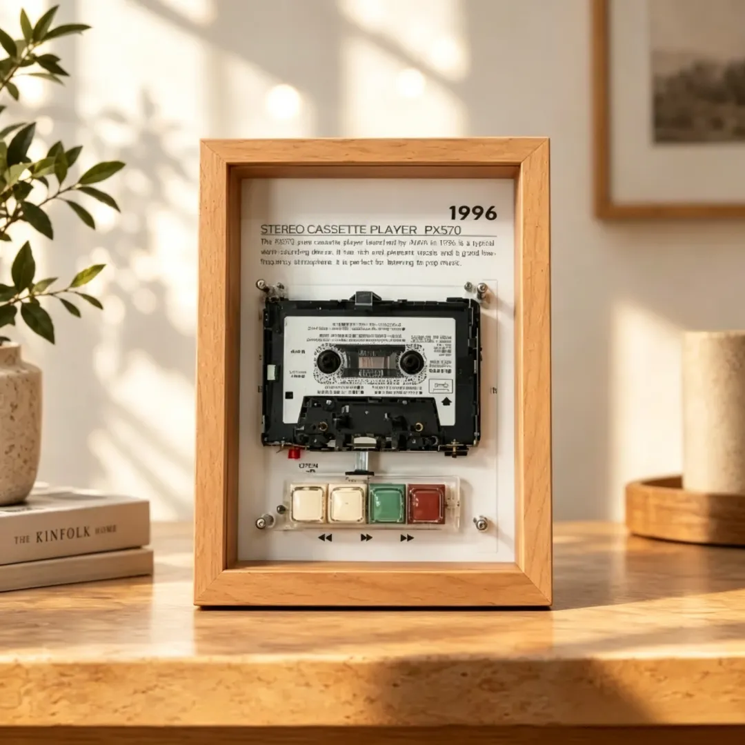 Vintage Cassette Player Frame with Functional Tape Playback & Retro Wall Art Design