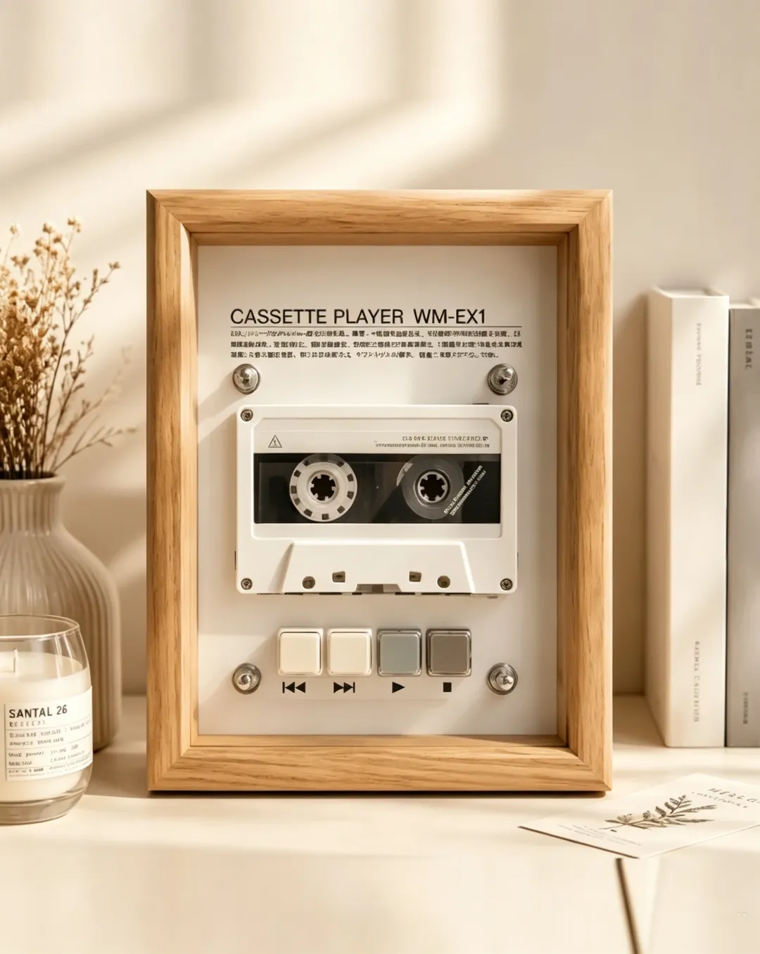 Vintage Cassette Player Frame with Functional Tape Playback & Retro Wall Art Design