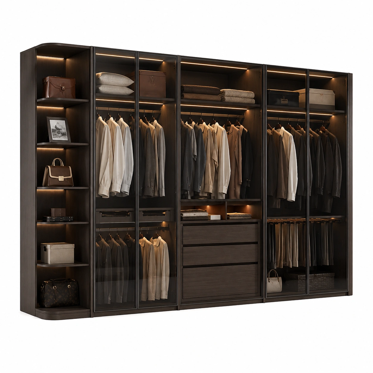 Armario modular moderno con vitrinas LED en madera oscura