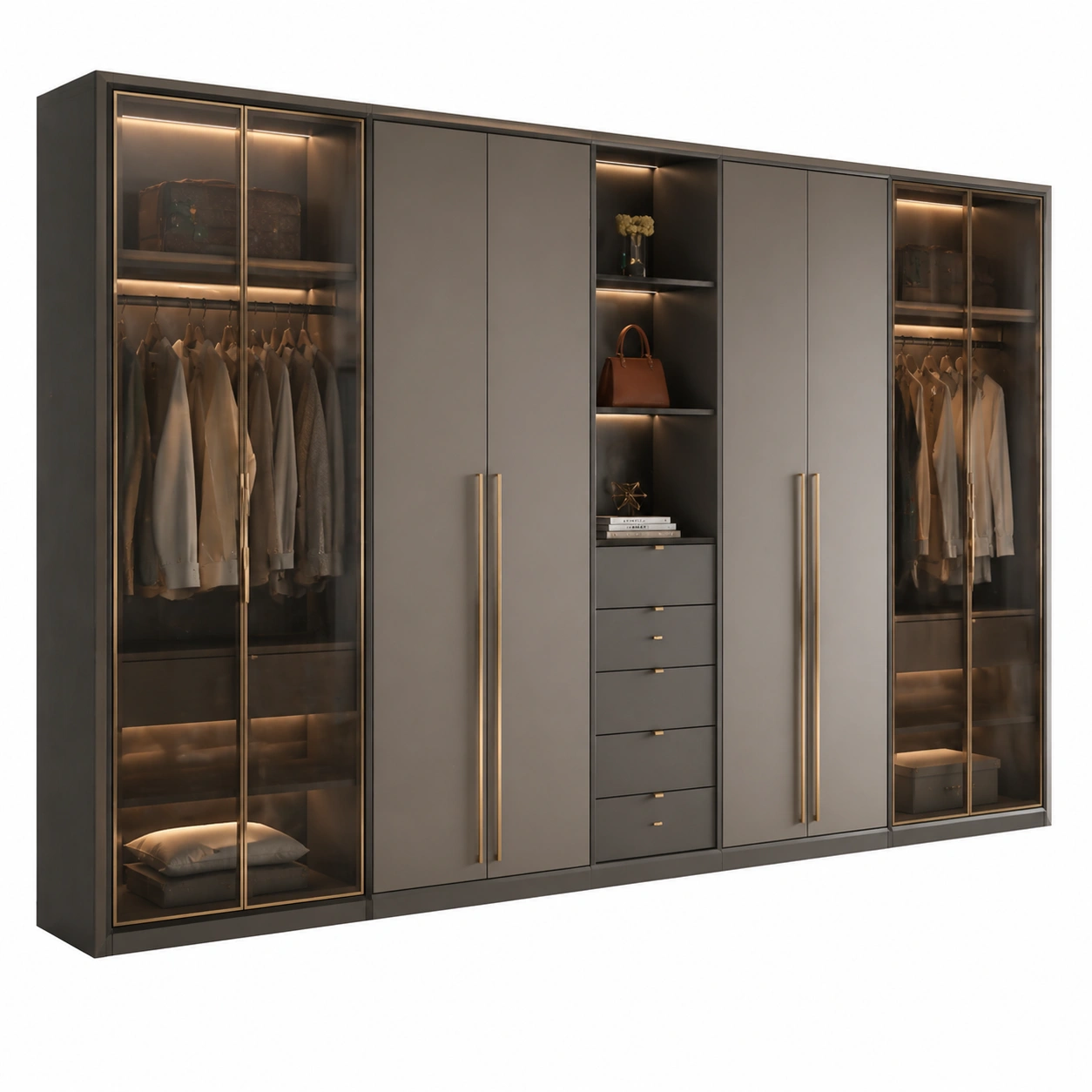 Armario minimalista gris con vitrinas laterales iluminadas