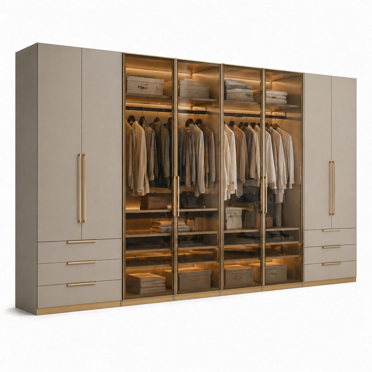 Armario de lujo beige con m�ltiples vitrinas y almacenamiento inferior