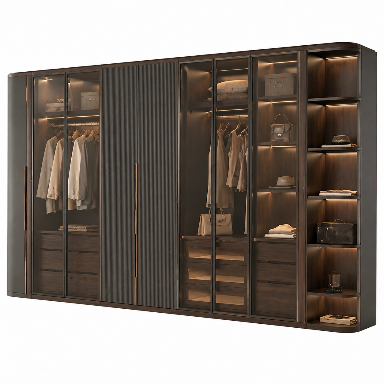 Armario premium madera oscura con puertas de vidrio y panel central